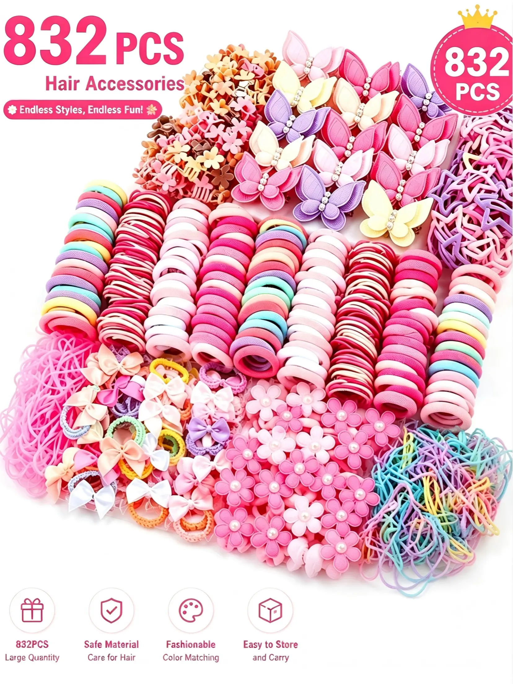832-piece pink girls' hair accessory set, Cute hair accessories, including bow hair ties, side/duckbill/claw clips, hair-friendly hair ties. One-stop solution for little girls' daily hairstyles, hairstyle creativity