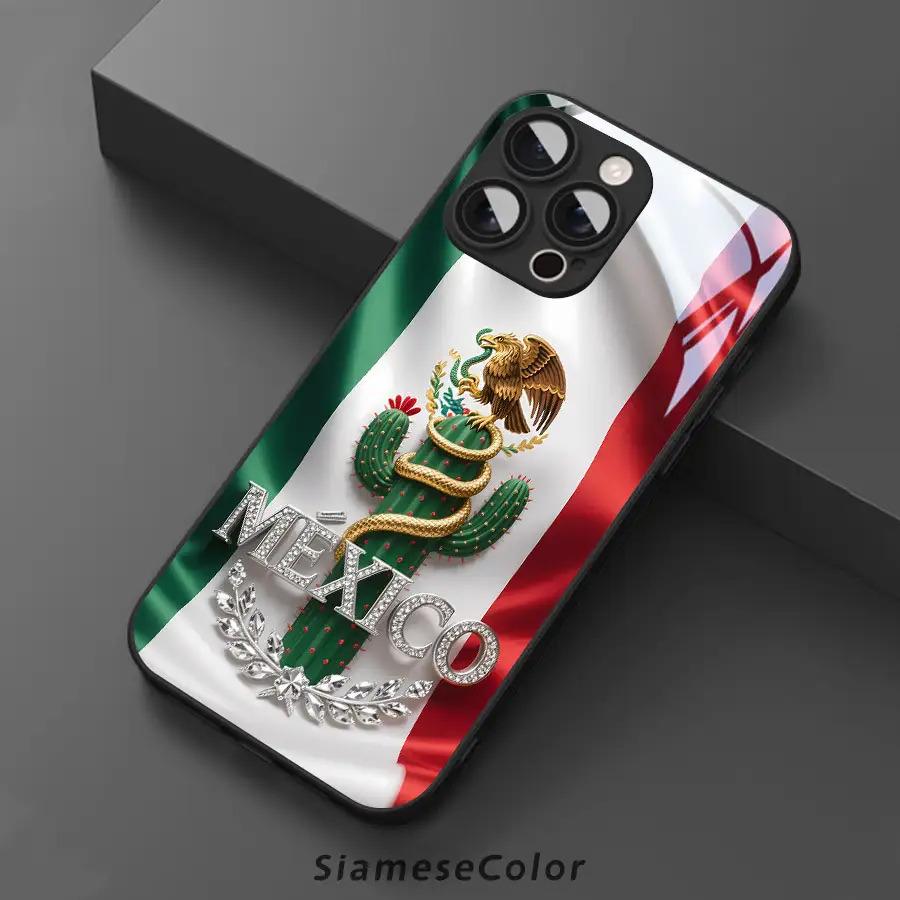 Exquisite 2D Pattern Mexican Flag Diamond Badge Glass Phone Case, Suitable for iPhone 17 16, 15, 14, 13, 12, 11 Plus Pro Max