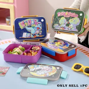 Cartoon dinosaur lunch box for packed meals, microwaveable bento box, sealed lidded divided lunch box