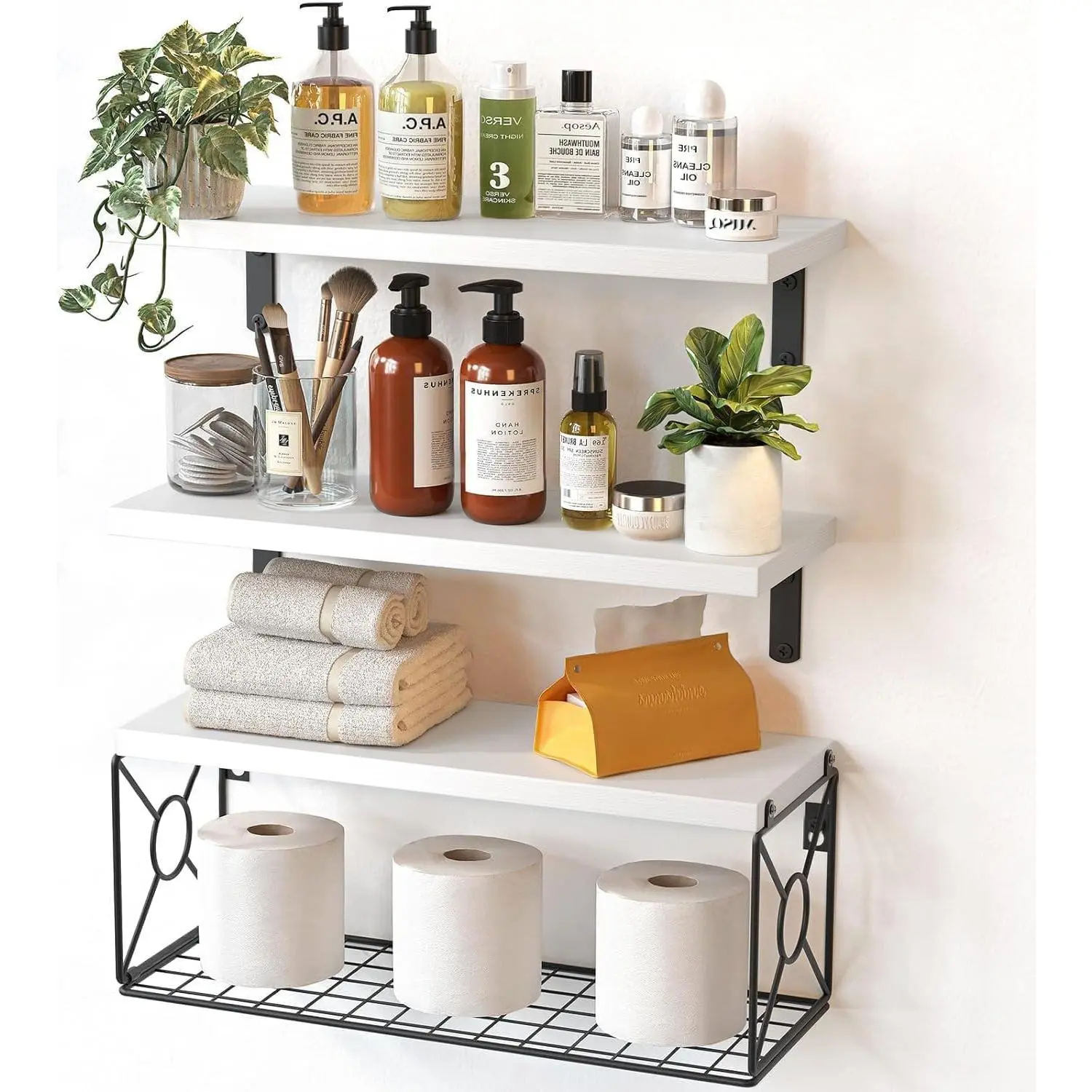Bathroom Shelves Over Toilet with Storage Basket, Floating Wall Shelf for  Organization & Wall Decor, Bathroom/Kitchen/Living Room Shelves-White