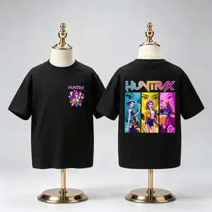 Graphic Tee HUNTRIX Rumi Mira Zoey Kids Black Pure Cotton Large Print T Shirt Streetwear Cute Shirts Summer Graphic Tees Gifts For Kids