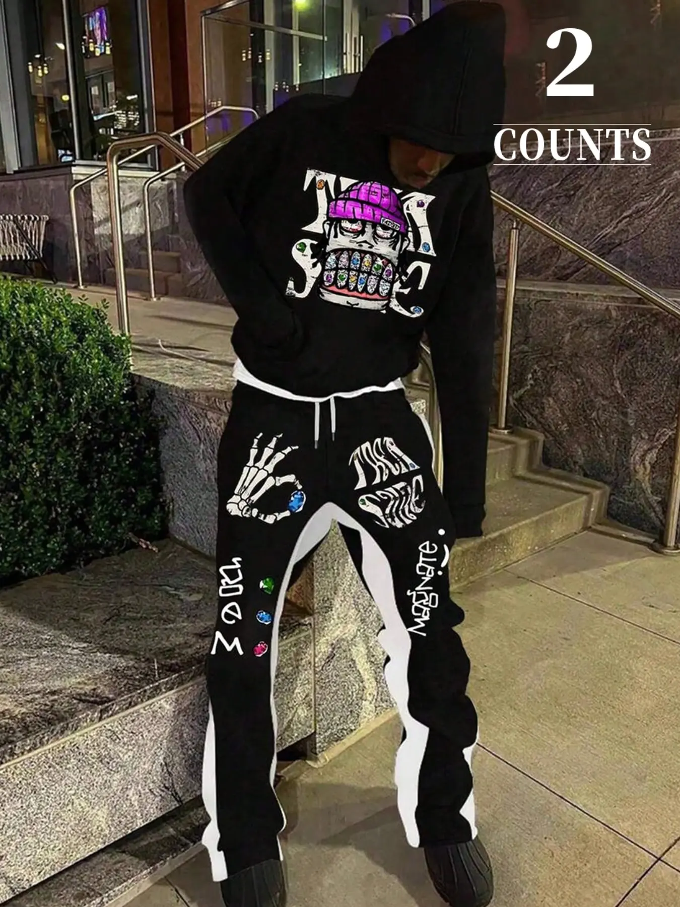 Cartoon Grills Character Graphic Hoodie & Skeleton Hand Letter Print Color Block Flared Pants Two Piece Tracksuit, Drawstring Hooded Sweatshirt Spliced Wide Leg Pant Set, Y2K Hip Hop Streetwear Loose Matching Outfit For Men Daily Trendy Street Wear