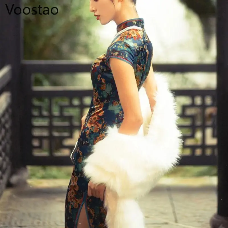 Chinese Style Cheongsam Dress Women Vintage Traditional Floral Print Old Shanghai Elegant Qipao Dress Girly Bodycon Split Dress