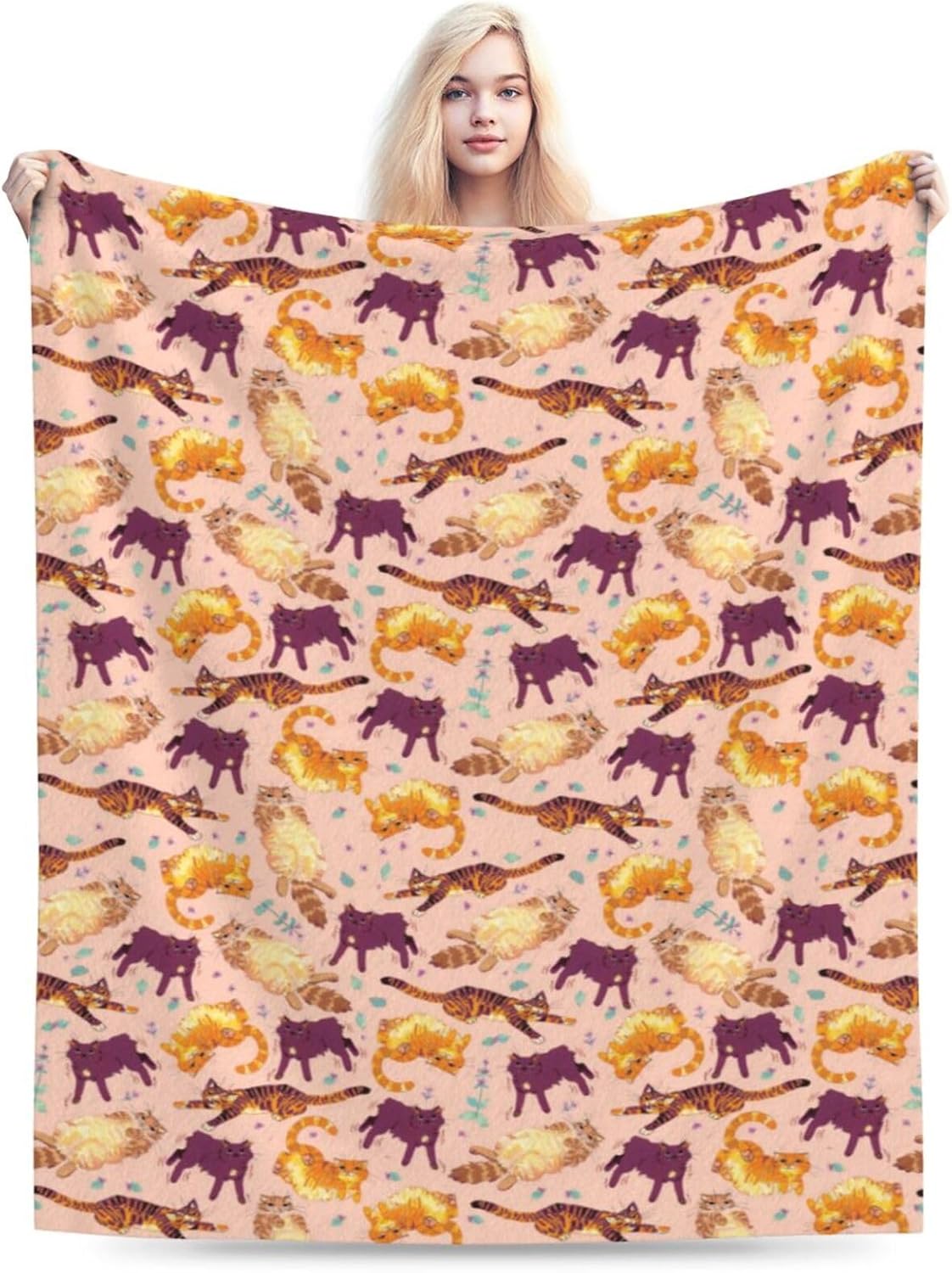 Cat Blanket, Flannel Throw Blanket, 60''x50'', Multicolor, Animal Print, Soft, Warm, Perfect for Beds, Sofas, Camping, Napping, Travel, Working