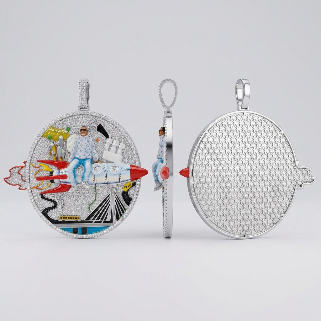 Huge Iced Out 3D Rocket Man Enamel Medallion Pendant, Colorful Cityscape Hip Hop Statement Jewelry, 925 Silver Tone with 4mm Rope Chain