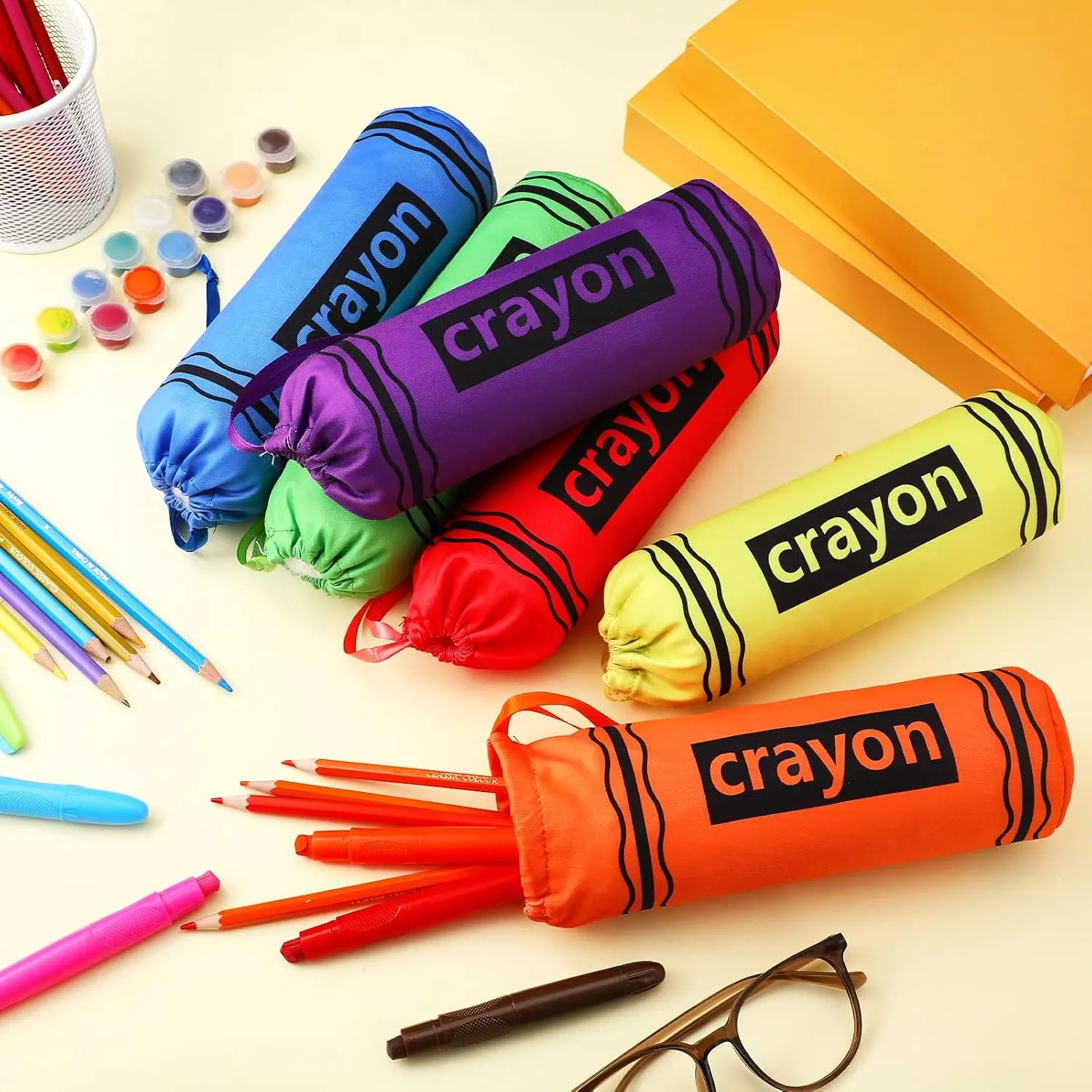 6 count Crayon Pencil Pouch Cases Bulk Crayon Shaped Bags Teacher Appreciation   to School Colorful Stationery Storage Bag Cute Case Box for Students Teacher Gifts Rewards Office Supplies