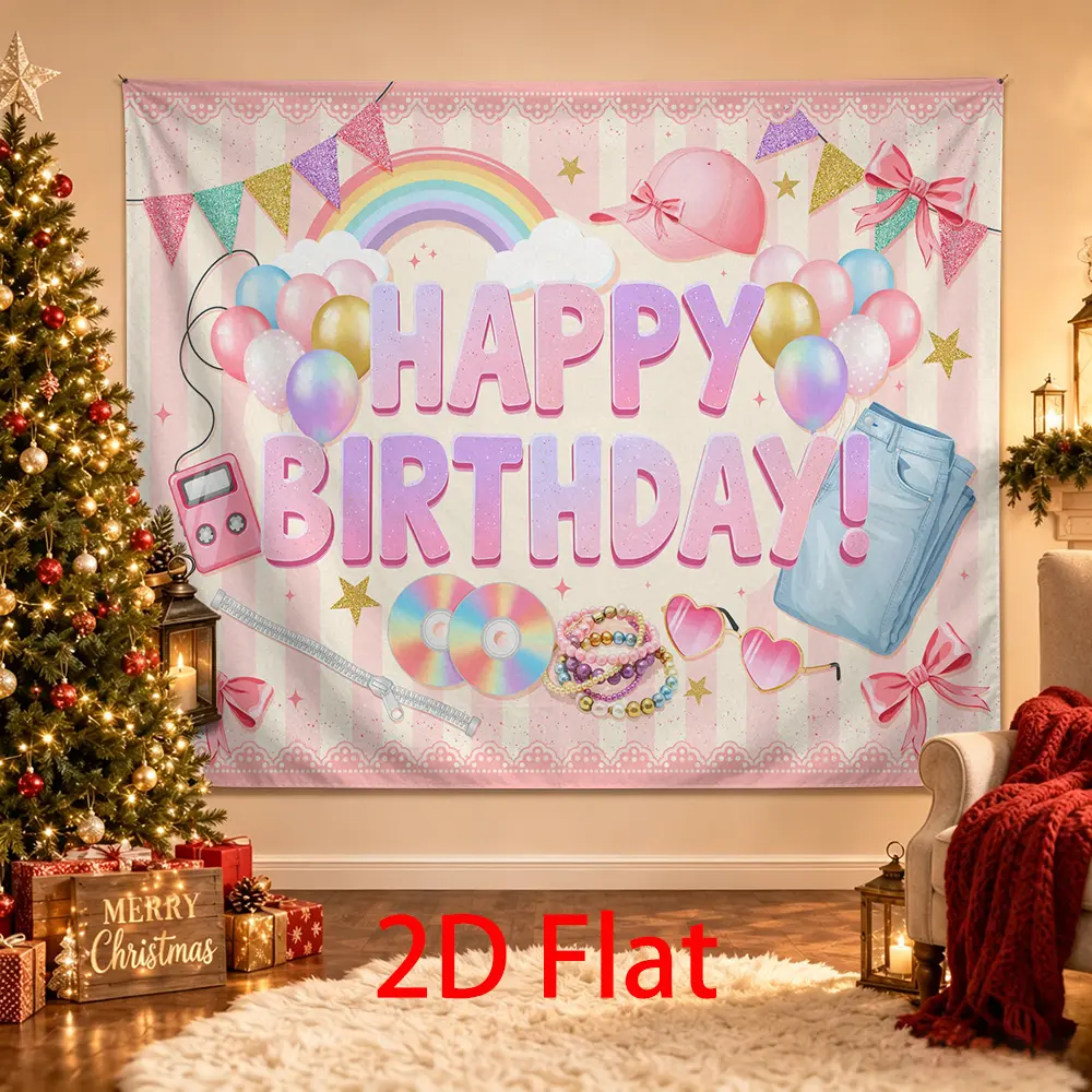 Pastel Pink Birthday Backdrop with Rainbow, Balloons, Bows, Denim and Retro Music Decor