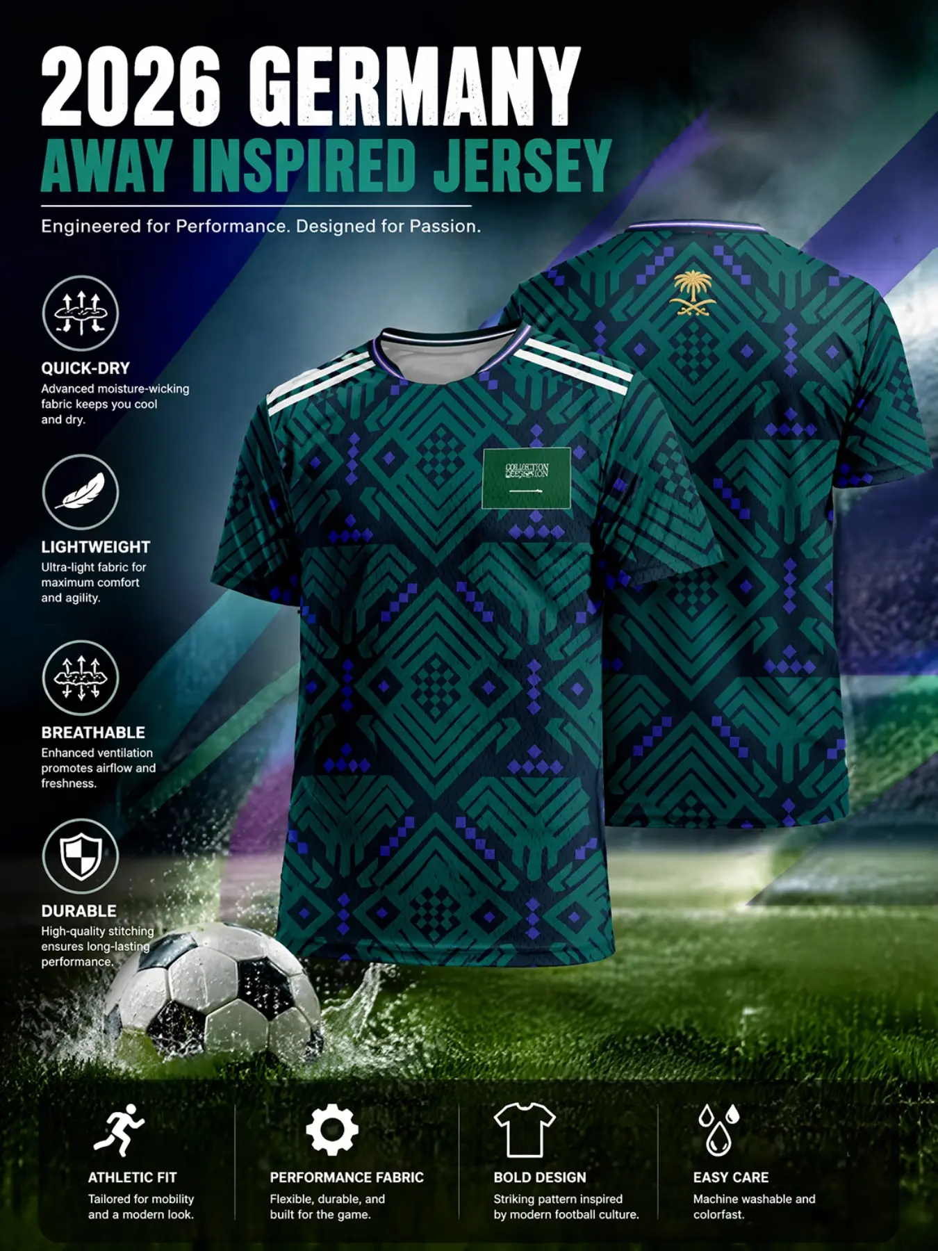 2026 Saudi Soccer Jersey, Breathable Moisture-Wicking, Traditional Arabic Geometric Pattern, Sporty Long Sleeve Top