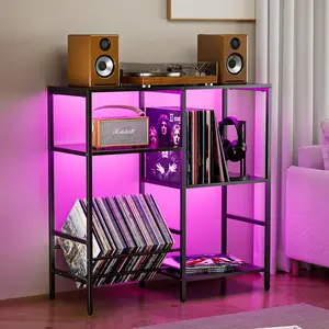 Record Player Stand with LED Light, Turntable Stand with Vinyl Storage for 300+ Albums, 3-Tier Media Cabinet with V-Shaped Holder & Adjustable Shelf, for Living Room & Bedroom