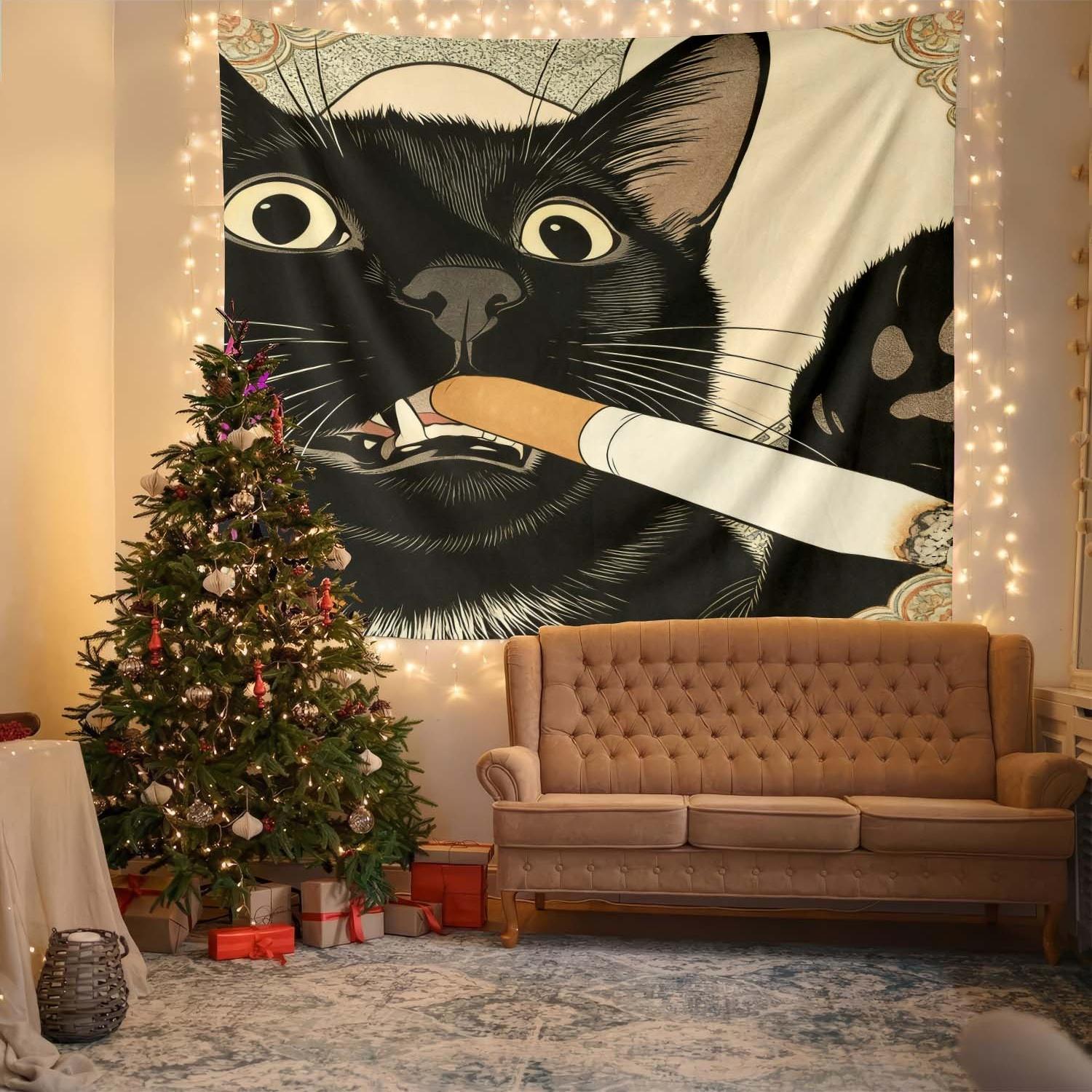 Distinctive Cat Tapestry, Humorous Illustration of a Smoking Cat, Large Artistic Wall Hanging, Decorative Background Cloth, Perfect for Living Room or Bedroom, 1 pc