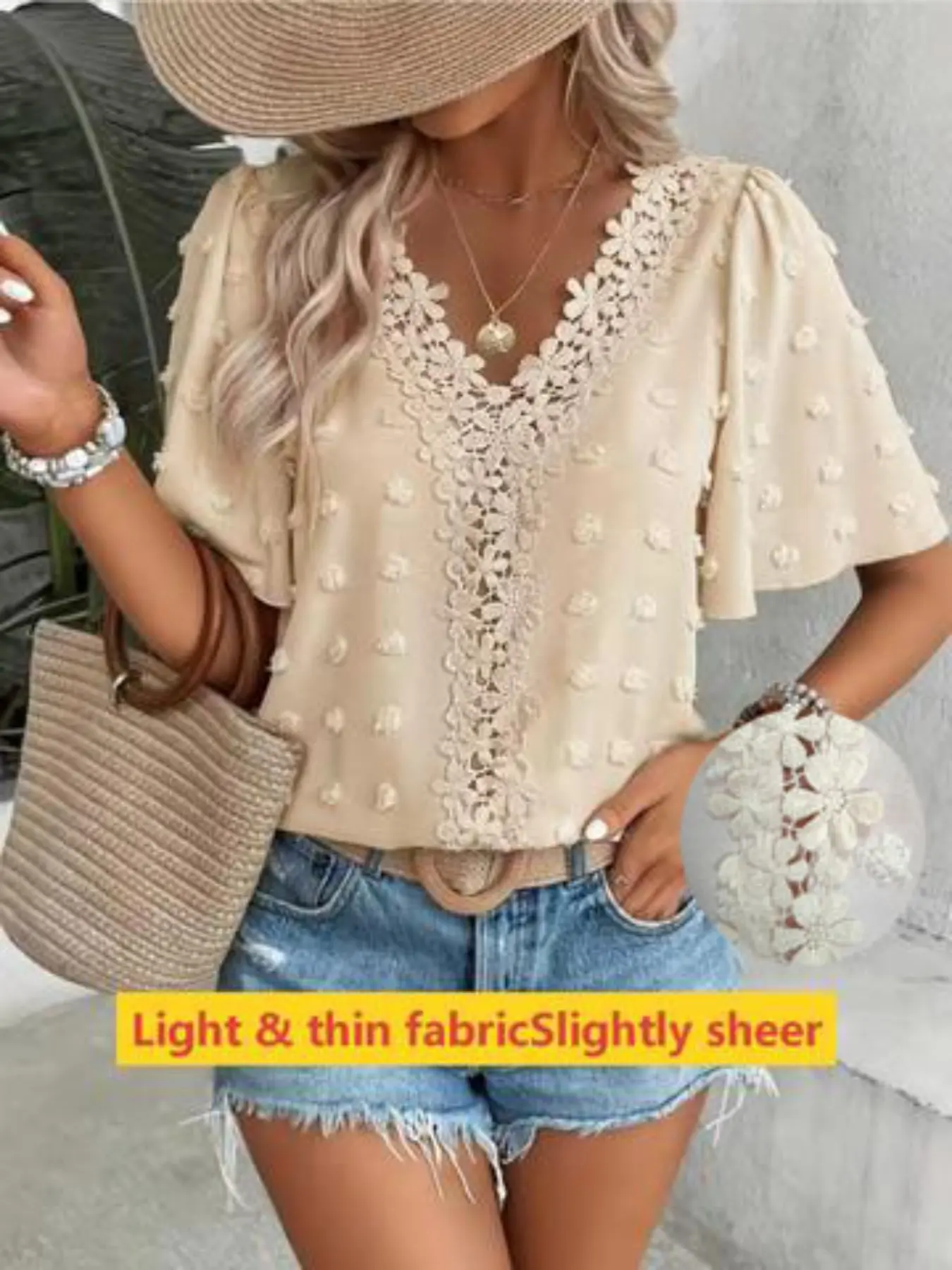 Women's Spring Summer Swiss Dot Lace Butterfly Sleeve Shirt, Boho Chic Blouse, Elegant Aesthetic Fashion Casual Loose Top, Ideal for Home, Work, Valentine's Day, Date Night