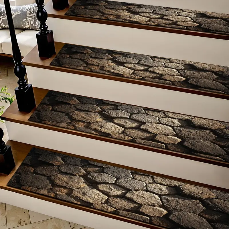 6/8/15pcs Vintage Rustic Cobblestone Stone Diatom Mud Stair Treads, Super Absorbent Non Slip Carpet Mats for Wood Steps, Quick Drying Moisture Wicking Stair Runners, Anti Slip Washable Rugs for Dogs Kids Elderly
