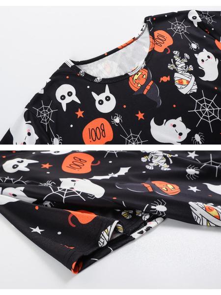 【Plus Size】Halloween Skull Ghost and Pumpkin Print Tee & Elastic Waist Shorts Pyjama Two-piece Set, Casual Comfy Round Neck Short Sleeve T-shirt & Shorts Pj Set, Women's Sleepwear for Fall