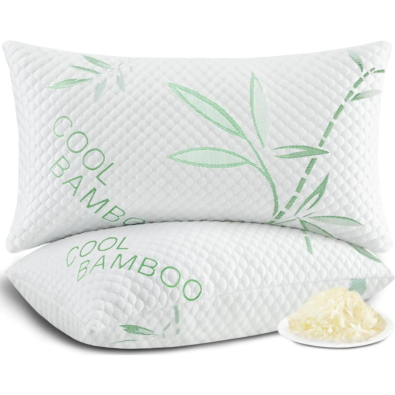 Shredded Memory Foam Pillows Cooling Set of 2 Adjustable Bamboo Bed Pillows for Side, Back, and Stomach Sleepers