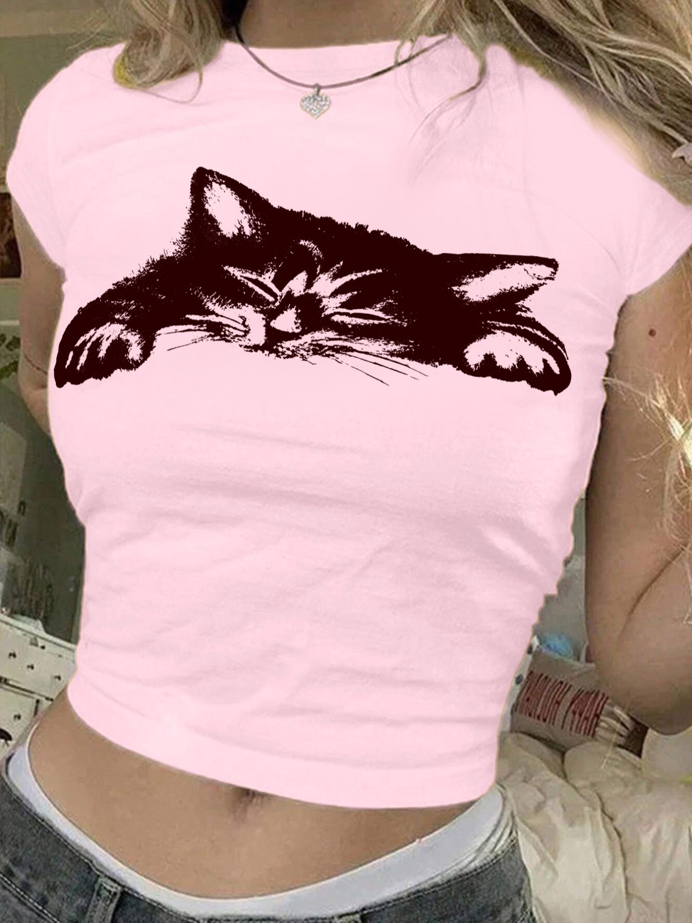 Women's Cat Print Round Neck Tee, Casual Slim-fitting Short Sleeve T-shirt for Daily Wear, Ladies Clothes for All Seasons, Casual Breathable Top