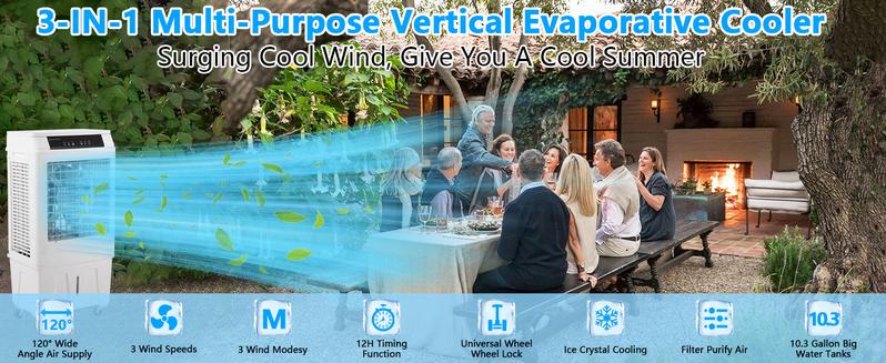 【GARVEE】Evaporative Air Cooler, GARVEE 3000CFM Swamp Cooler With Remote Control and 12H Timer, 4 Ice Packs, 3 Modes & Wind Speeds for Outdoor Indoor Use, 10.3 Gallon 【GARVEE】Evaporative Air Cooler, GARVEE 3000CFM Swamp Cooler With Remote Control and 12H Timer, 4 Ice Packs, 3 Modes & Wind Speeds for Outdoor Indoor Use, 10.3 Gallon