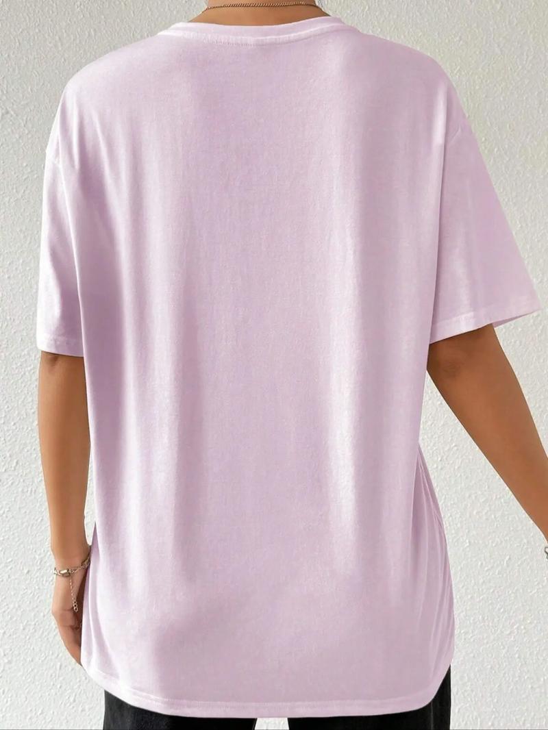 Women's Heart Print Round Neck Graphic Tee, Vintage Trendy Casual Drop Shoulder Short Sleeve T-shirt for Daily Wear, Ladies All Seasons Outfit