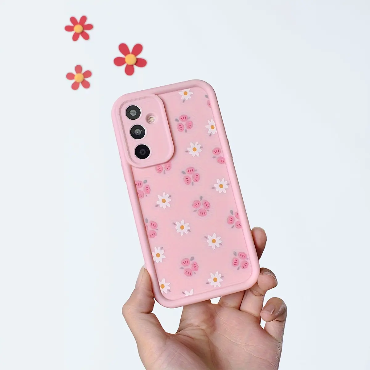 Pink Small Floral Print with White Chrysanthemum Cute Pattern iPhone Case for Samsung Galaxy S26 S24 Plus S25 S23 S22 S21 Ultra FE S24+ Note20 A54 A53 A52 A36 A35 A34 A33 A17 A16 A15 A14 A13 Soft Gel Cover with Camera Protection, Gift for Her