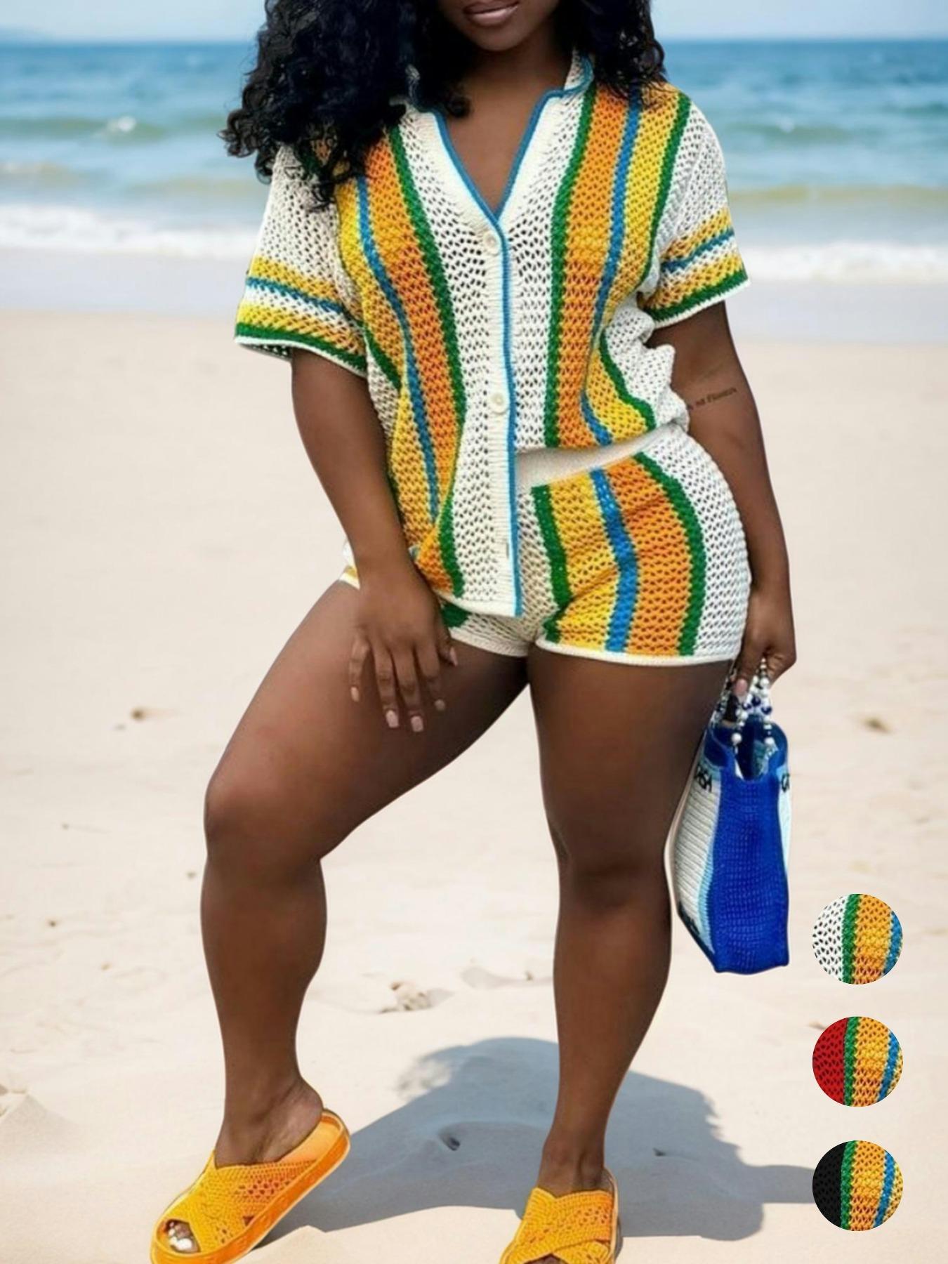Women's Colorblock Striped Print Short Sleeve Knit Top & Shorts Two-piece Set, Casual Vneck Shortsleeve Knit Top & Shorts for Summer, Ladies Matching Clothes for Daily Wear, Women's 2 Piece Sets, Loose Womenswear, Cute Two Piece Sets, Everyday
