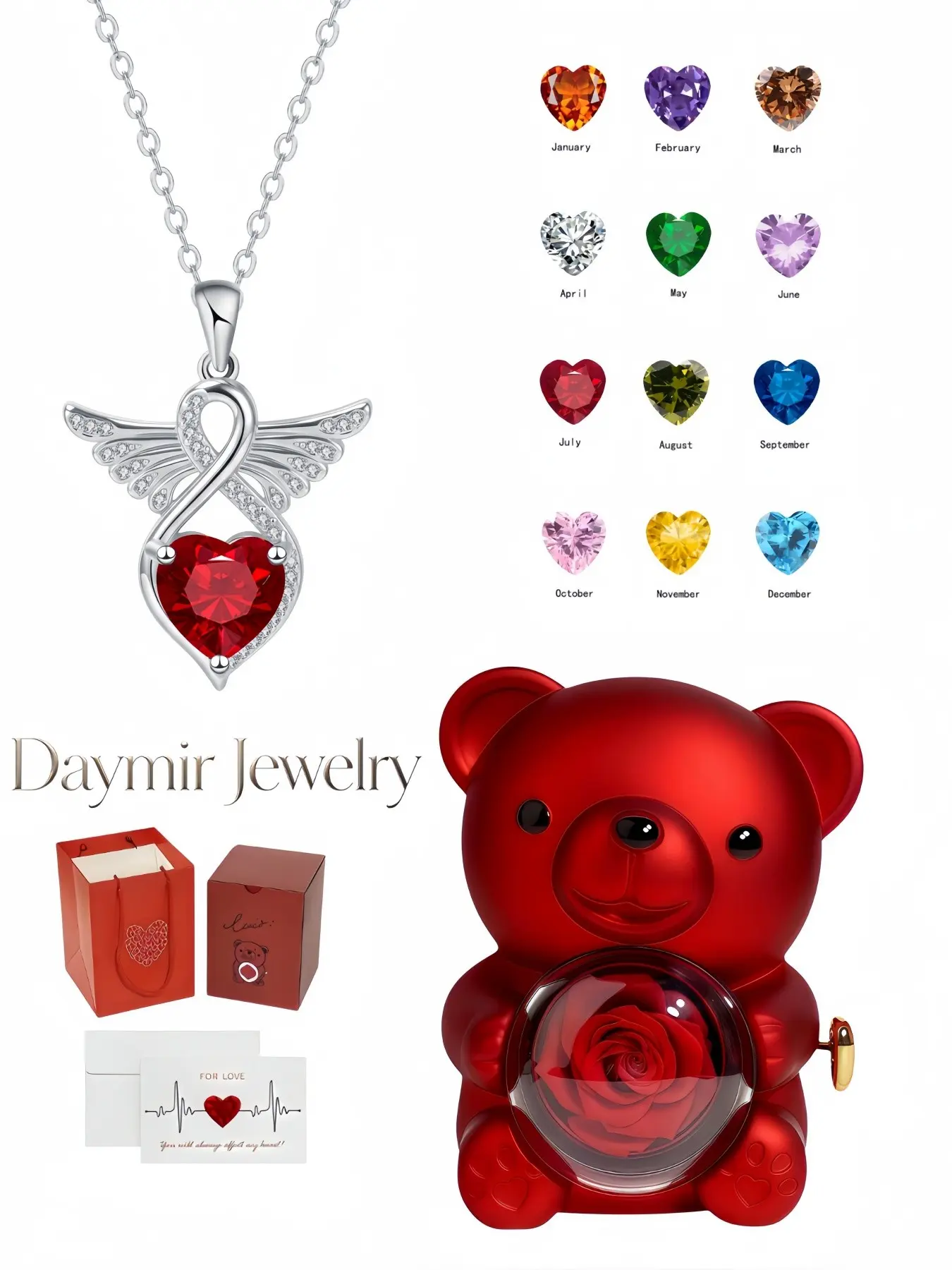 Infinity angel wing heart necklace with dopamine birthstone, elegant clavicle chain for ladies. Packaged in a cute rotating rose bear jewelry box, a thoughtful gift for birthdays, Mother’s Day and Valentine’s Day.