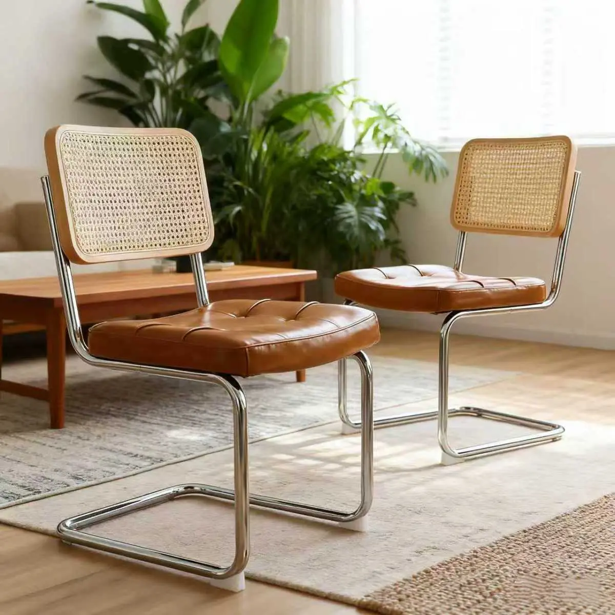 Set of 2 Modern Cantilever Dining Chairs, Mid-Century Rattan & Faux Leather Side Chairs with Chrome Steel Frame, Breuer Style Accent Chairs for Kitchen, Living Room, Brown