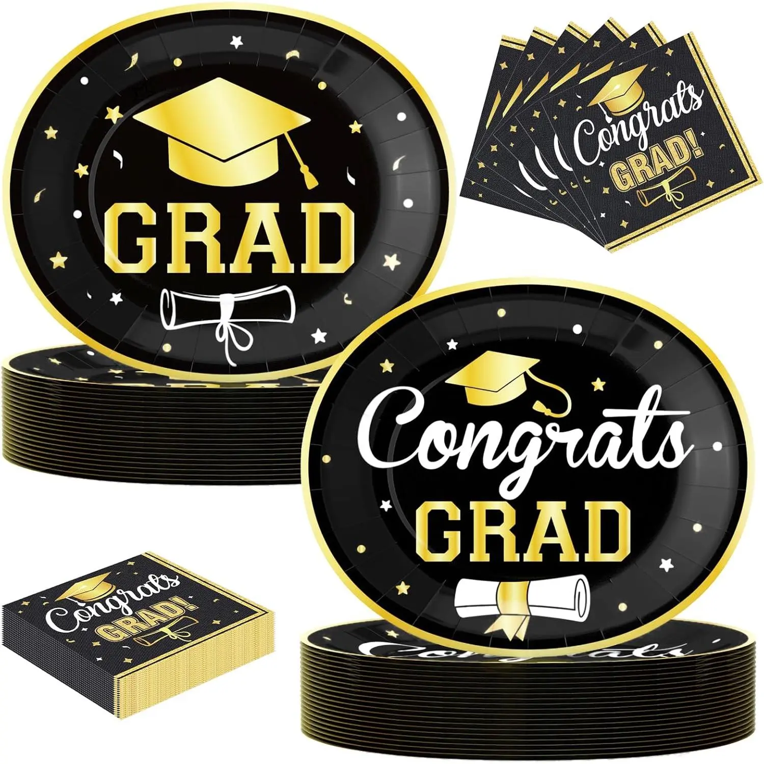 100Pcs Graduation Oval Paper Plates and Napkins Set - 10" x 12" Large Disposable Party Plates for 2026 Graduation Party Supplies Decorations