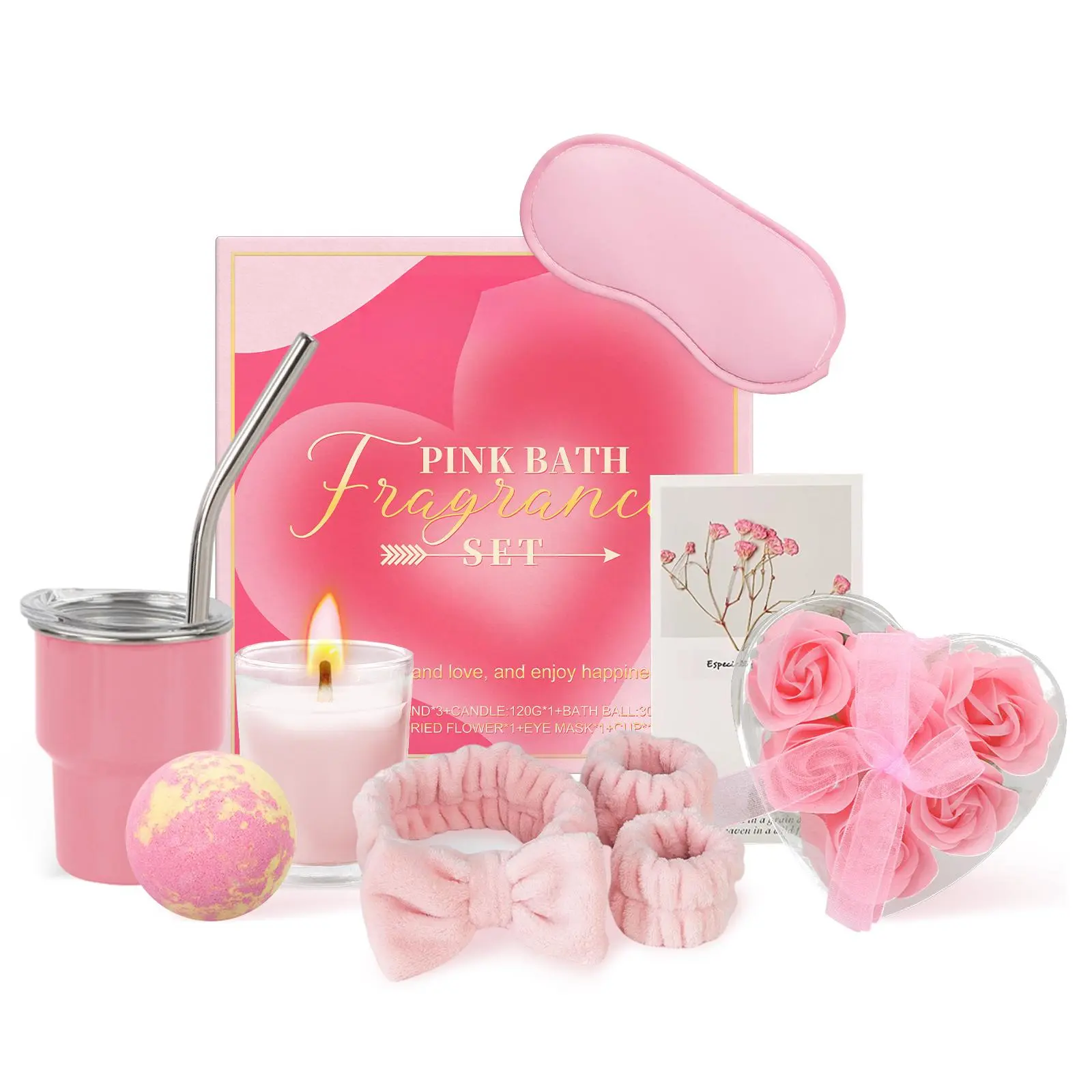Pink Aromatherapy Bath Spa Set with Scented Candle, Bath Bomb, Soap and Decor Accessories