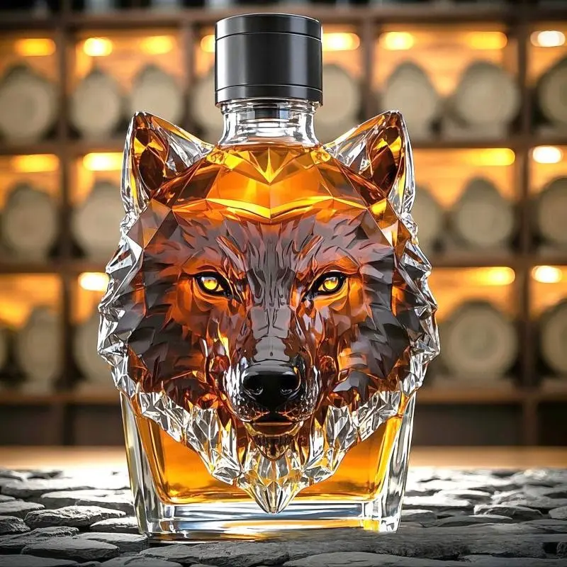 Wolf Head Shaped Glass Liquor Decanter, Crystal Cut Whiskey Bottle, Viral Tiktok Barware Gift, Collector's Edition, Themed Parties & Man Caves