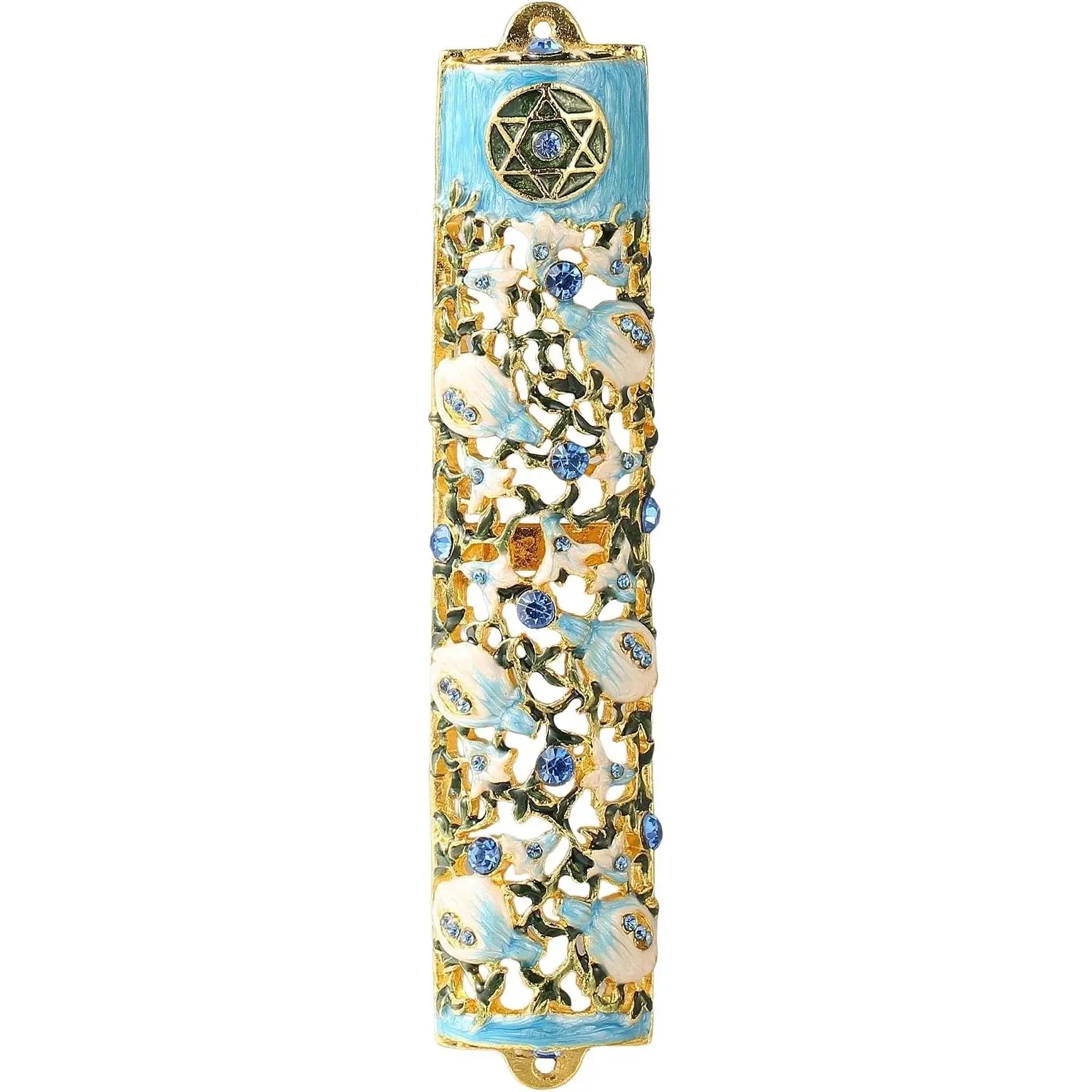 Mezuzah with Scroll for Door, Hand Painted Ivy & Flowers | Mezuzah Case with Star of David, Blue Crystals, Jewish Door Mezuzah, Judaica Home Decor, Jewish Gifts House Blessing Gift