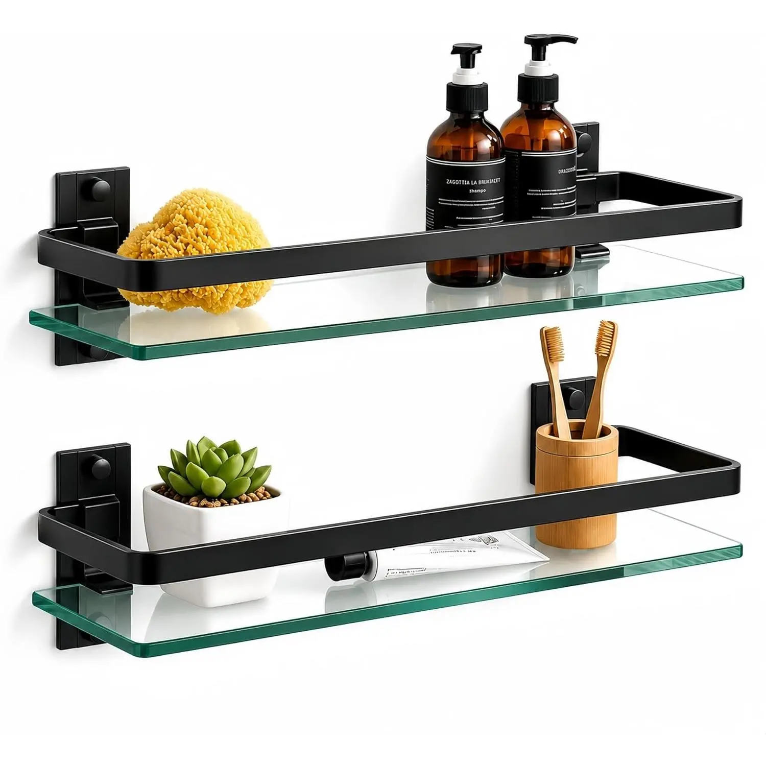 2 Pcs Set Bathroom Glass Shelf - 2 Piece 15.7x4.6in Black Wall-Mounted Floating Aluminum+Glass Storage Rack, 0.3in Extra Thick Tempered Glass Rectangular, Space-Saving Glue/Drill Installation Design