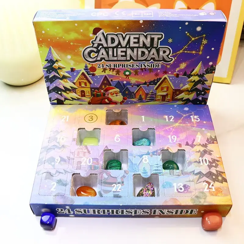 Crystal Christmas Countdown Calendar, 24-Day Holiday Gift Box, Polished Natural Gemstone Mineral Rock Collection, Perfect for Kids and Collectors