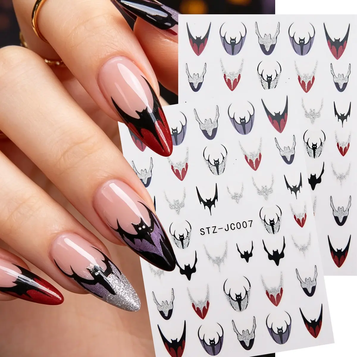 2 Sheets Silver Color Glitter Gothic Bat Nail Stickers, Halloween Bloody Clown Design Nail Decals, DIY Festival Nail Art Decorations, Nail Art Supplies