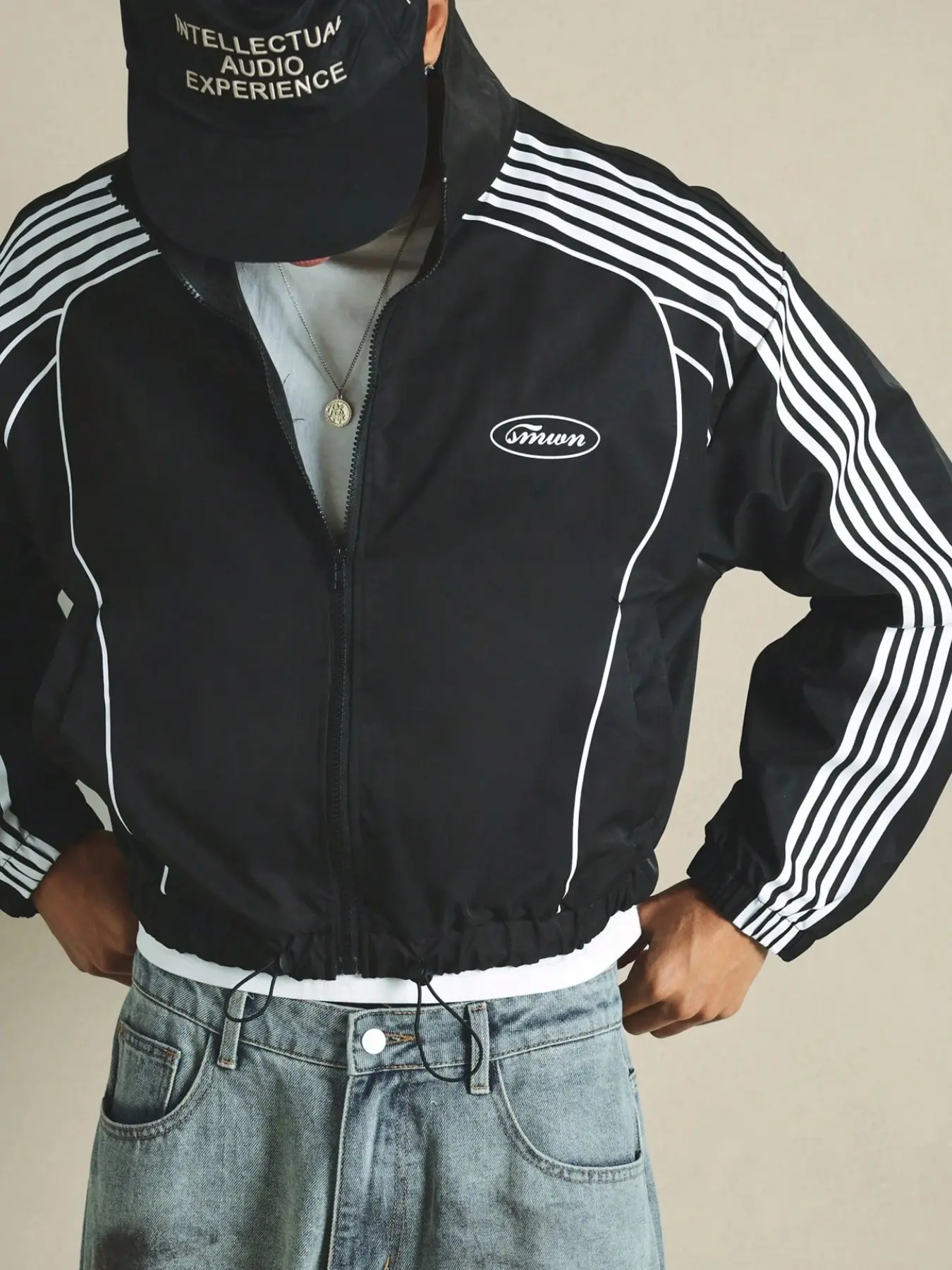 Men's Side Striped Drawstring Hem Cropped Zip Up Long Sleeve Jacket, Stand Collar Full-Zip Letter Print Windbreaker, Suitable For Daily Shopping And Sports Outfits