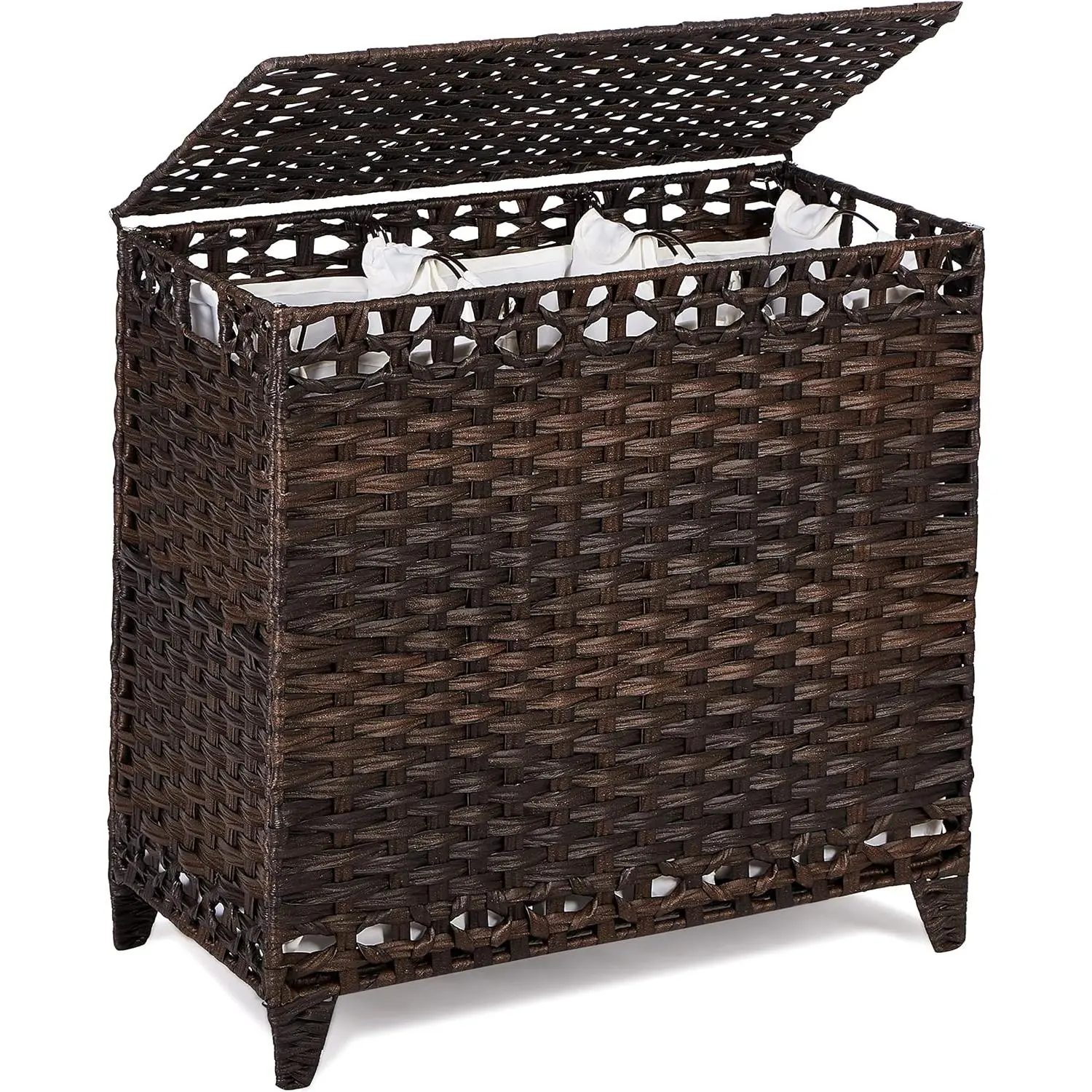 132L Handwoven Rattan Laundry Hamper with 3 Removable Liner Bags, Laundry Sorter Basket with Lid, Heightened Feet & Side Handles, 3 Separate Sections for Clothes Sorting
