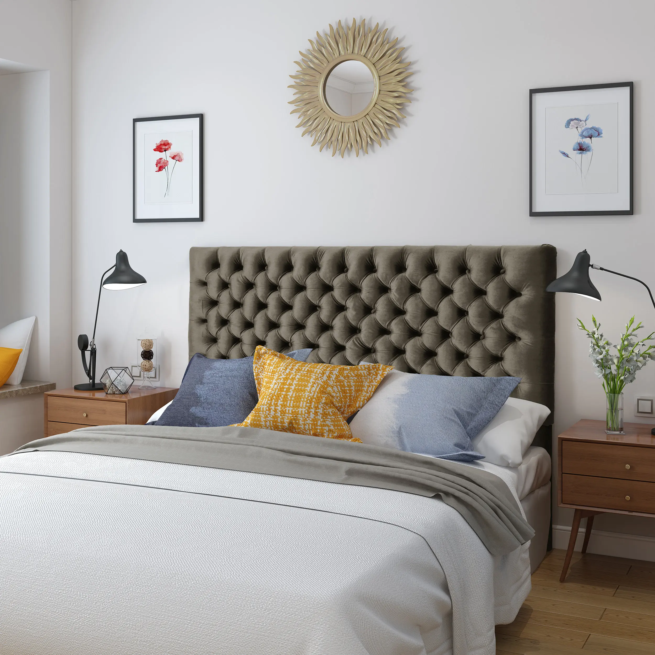 Nokaa Queen Size Upholstered Headboard with Button Tufted Diamond Stitch Velvet Grey Adjustable Solid Wood Head Board for Bed Frame, Modern Bedroom Furniture, Metal Legs, Easy Assembly, 62.5D x 53.5H, Queen Size Options, Grey Color Options