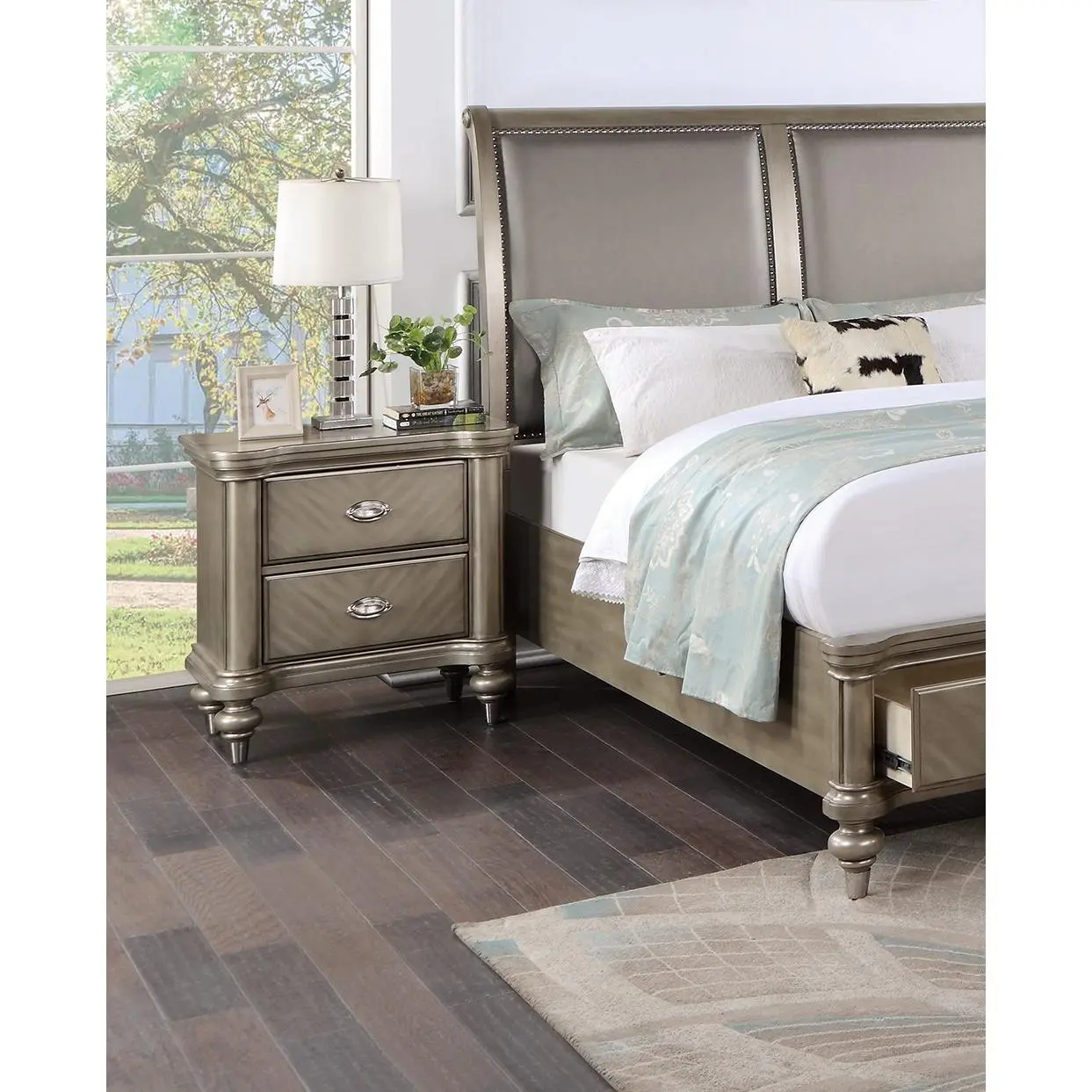 Nokaa Luxury Classic Nightstand 2-Drawer Bedside Table Solid Wood Storage Cabinet for Bedroom, Contemporary Modern Industrial Transitional Style, Antique Silver Finish, Round Leg Support