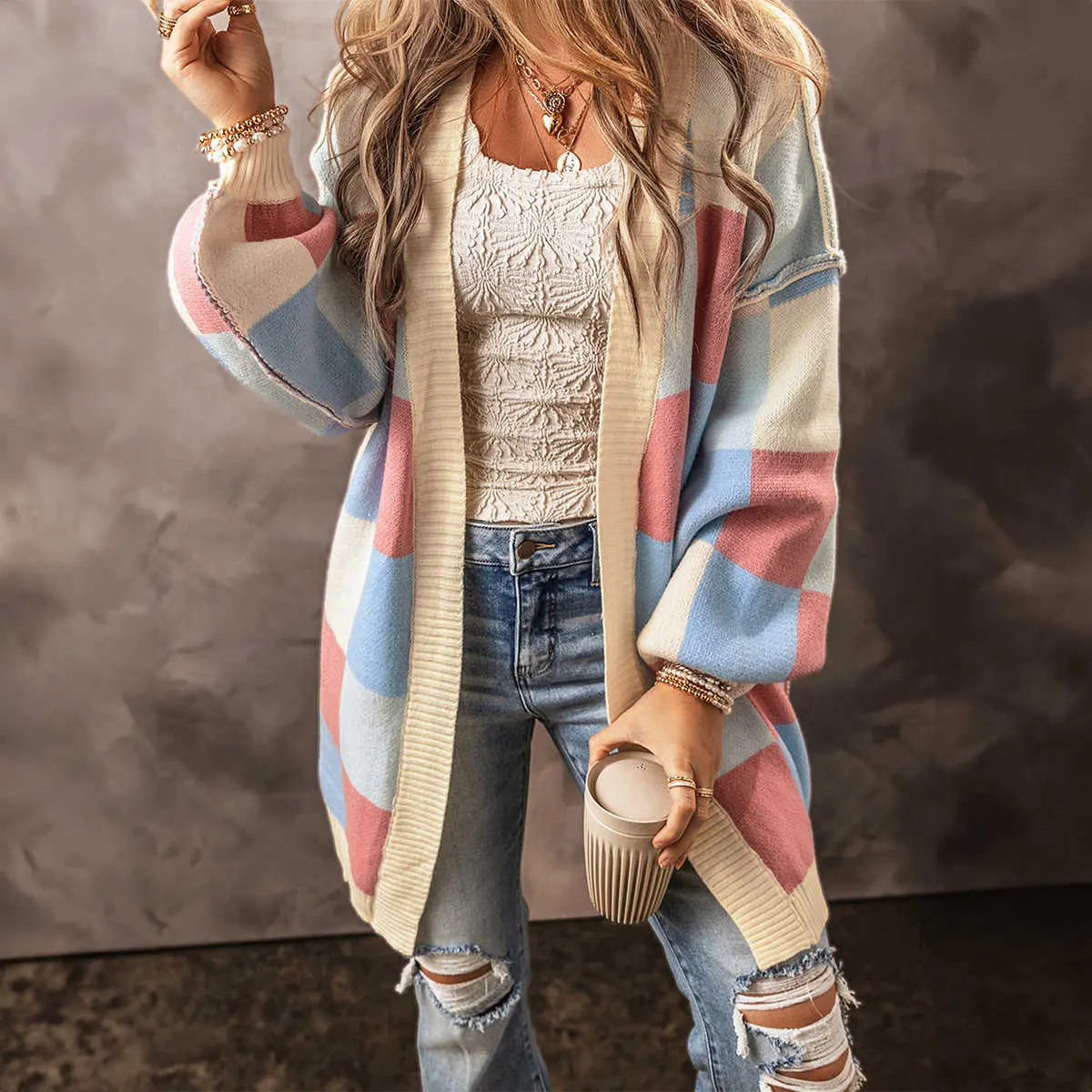 BF Women's Blue Pink Plaid Knit Cardigan Cute Oversized Open Front Sweater Loose Fit Long Sleeve Cozy Fall Winter Top