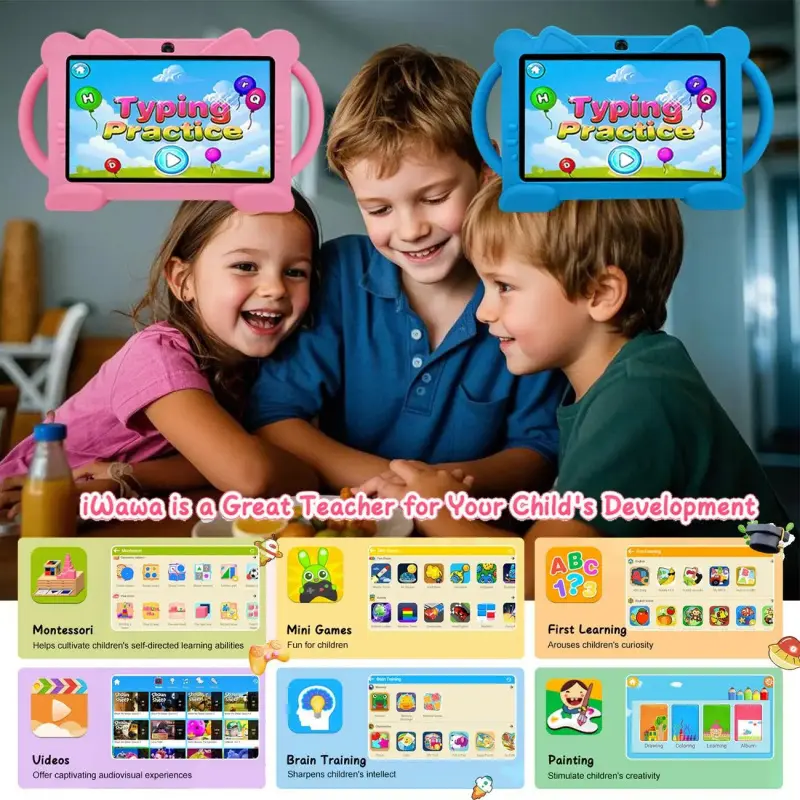 7-Inch Android Tablet for Kids, Toddler Tablets, Cute Cat Design, Educational & Entertainment, Portable, Parental Control, Soft Silicone, Best Birthday Gift