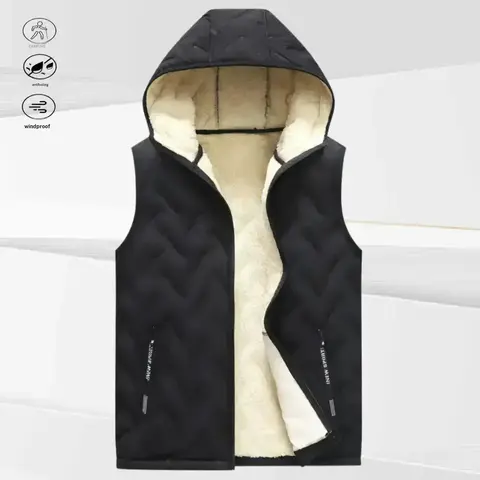 Men's Sleeveless Hooded Fleece Gilet - Small, Fitted, Machine Washable, No Belt, Adjustable Hood, Fleece Lining, Zipper Pockets, Versatile Black, Casual Autumn Winter Daily Warmth
