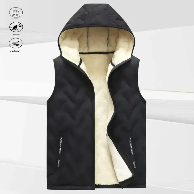 Men's Sleeveless Hooded Fleece Gilet - Small, Fitted, Machine Washable, No Belt, Adjustable Hood, Fleece Lining, Zipper Pockets, Versatile Black, Casual Autumn Winter Daily Warmth
