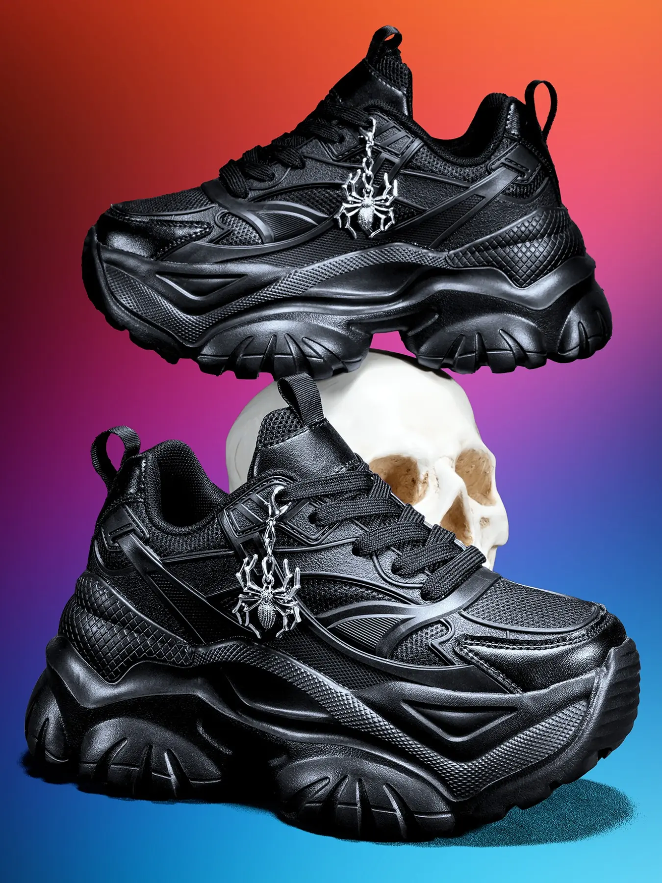 Women's Casual Flatform Shoes, PU Leather, Silver Color Spider Charm, Eva Sole, 7cm Heel Lift, All Seasons, Wide Fit, Outdoor Sports Shoes