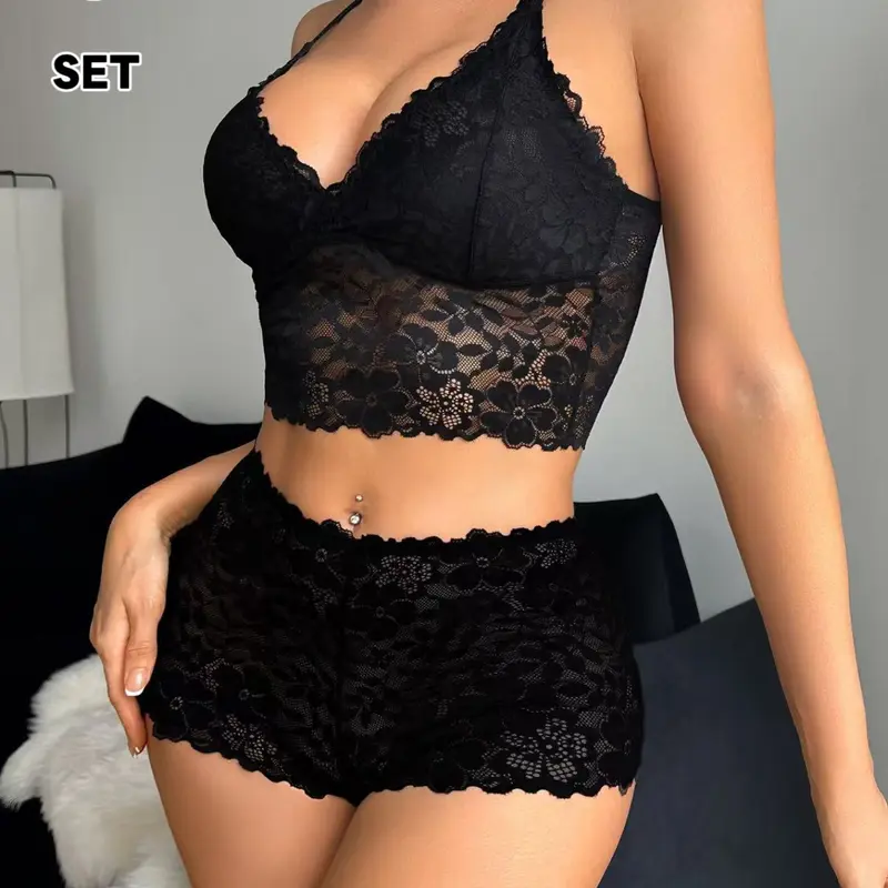 Sexy Lace Lingerie Set for Women, Two Piece Lingerie, Bralette Panty Set, V Neck Backless Camisole Top & High Waist Shapewear Panties, Transparent Mesh Sleepwear