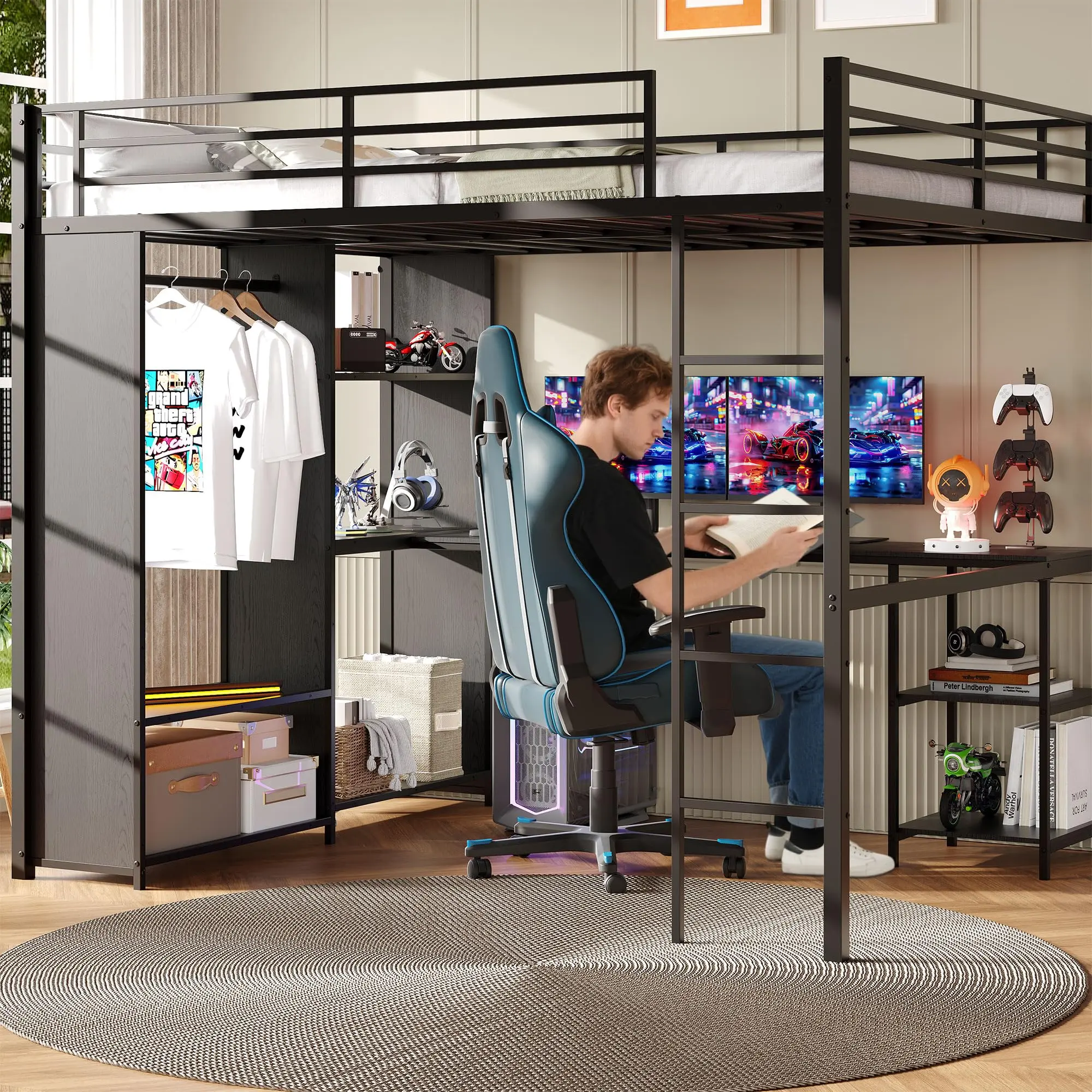 Space-Saving Queen Size Metal Loft Bed, Wardrobe & Storage Shelves, Space-Saving Design with Full-Length Guardrails and Sturdy Ladder for Bedroom Use