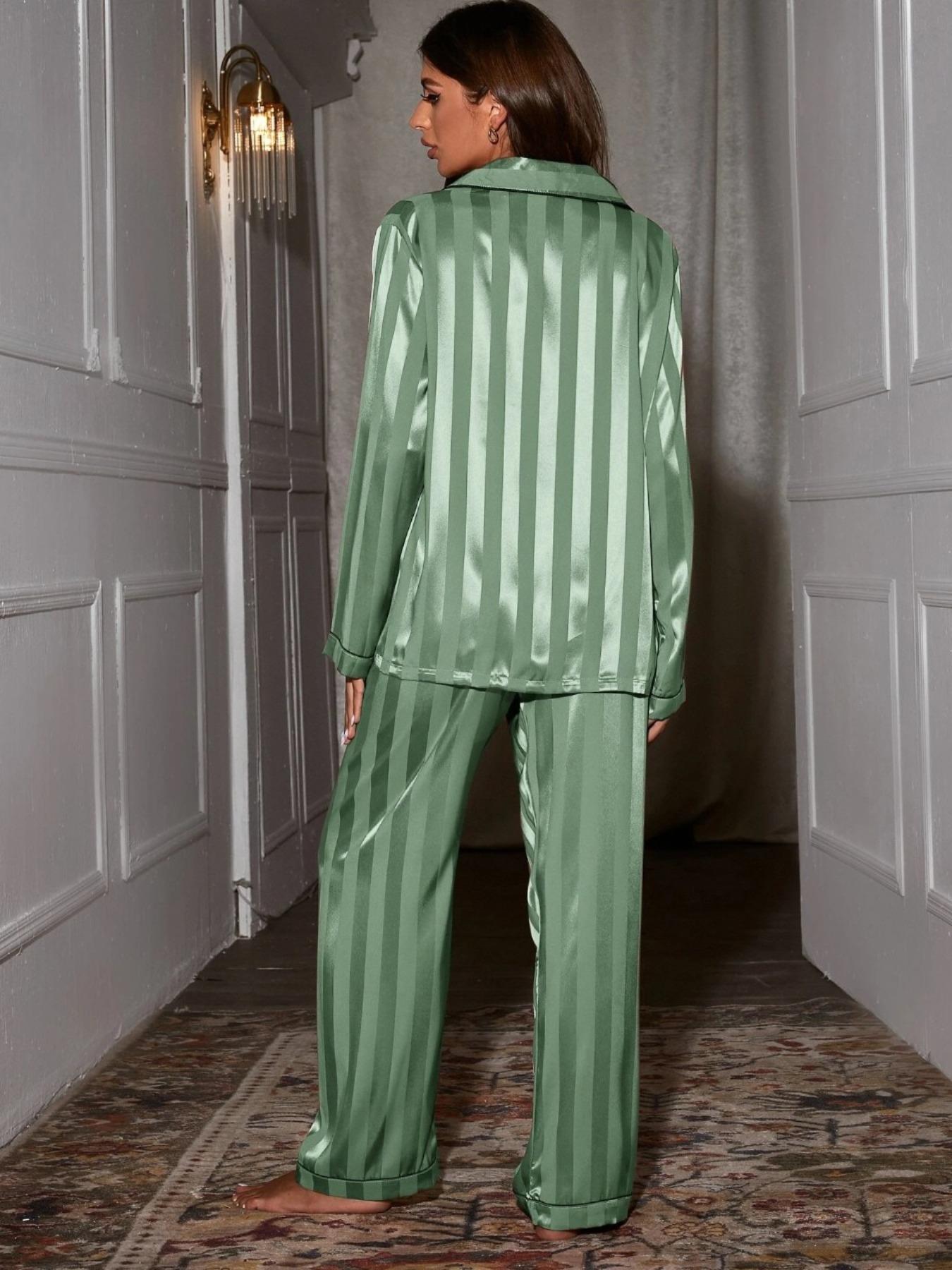 Two-piece Set Women's Striped Print Contrast Binding Satin Pajama Set, Summer Outfits 2024, Casual Long Sleeve Pocket Shirt & Pants Loungewear Set, Lady Homewear, Pyjamas, Please Purchase A Size Up