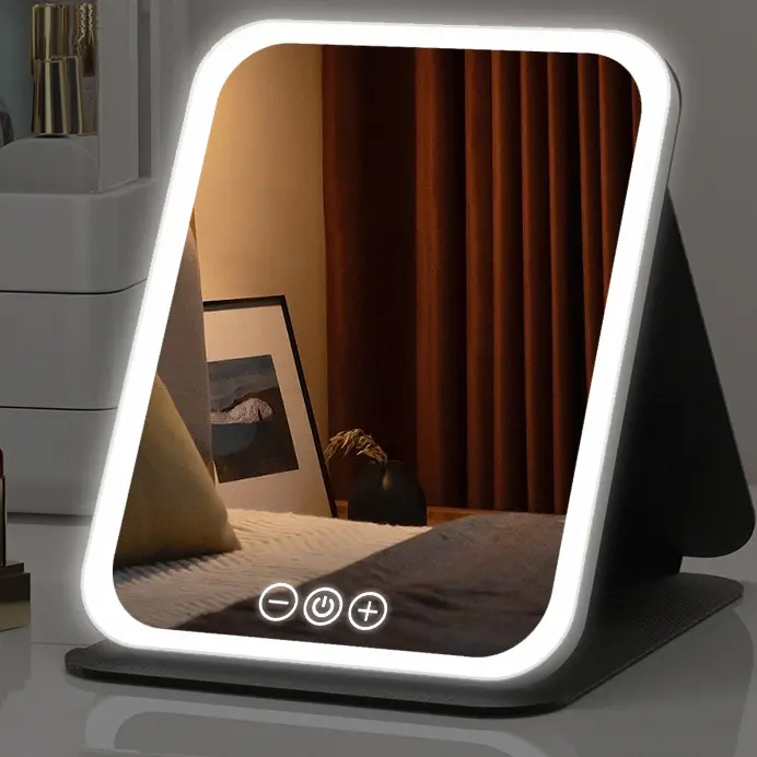 [DOCHEN] Portable LED Makeup Mirror, Foldable Makeup Mirror with Light, Desktop Fill Light Mirror For Student Dormitory & Office, Rechargeable Adjustable Makeup Mirror Girl's Holiday Gift