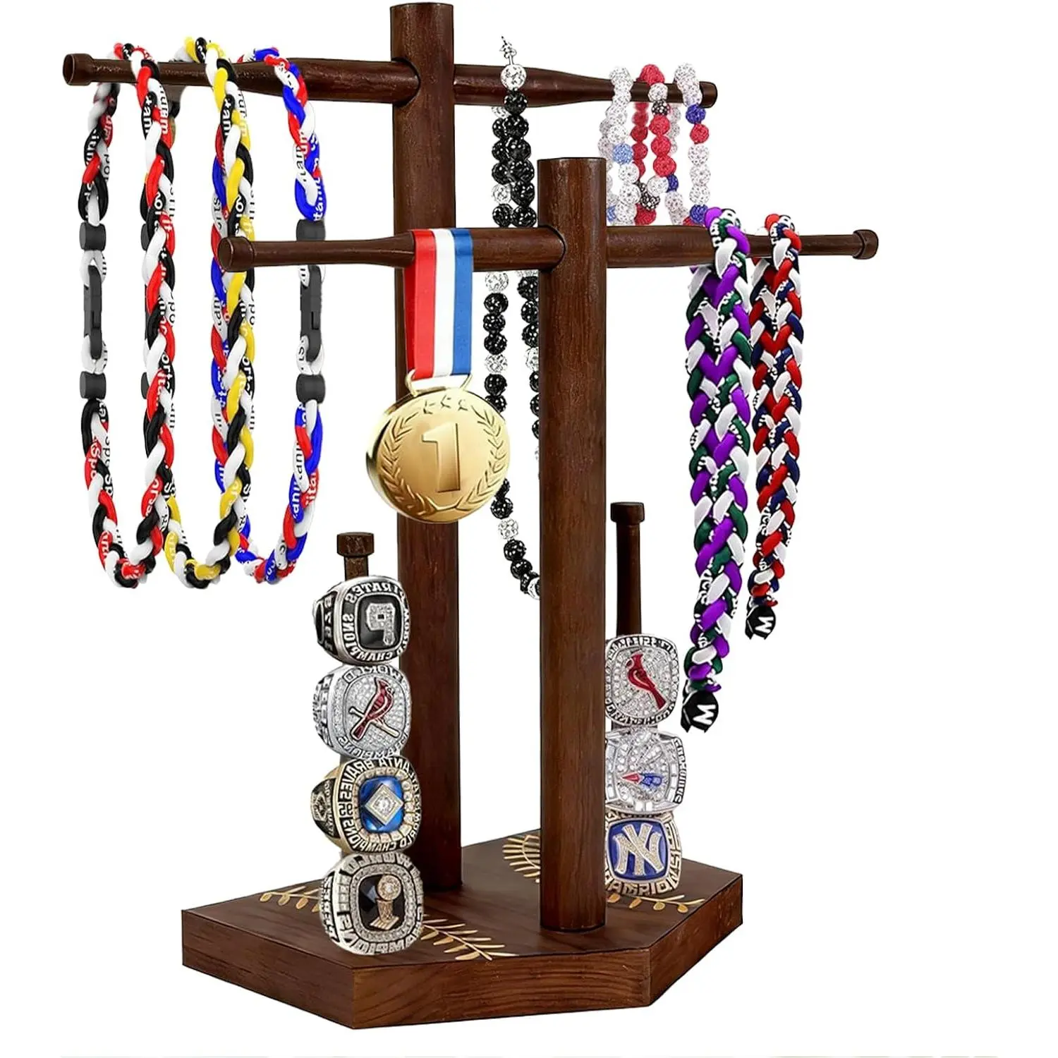2-Tier Wooden Baseball Necklace Holder for Drip Necklaces, Championship Rings & Sports Jewelry, Ideal Gift for Baseball Softball Players, Coaches & Fans