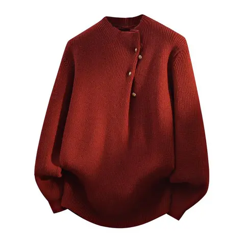 Men's Vintage Brass Button Side Placket Knitwear - Ribbed Mock Neck, Oversized Long Sleeve Menswear Pullover, Curved Hem, Thick Warm Casual Top for Fall Winter Layering