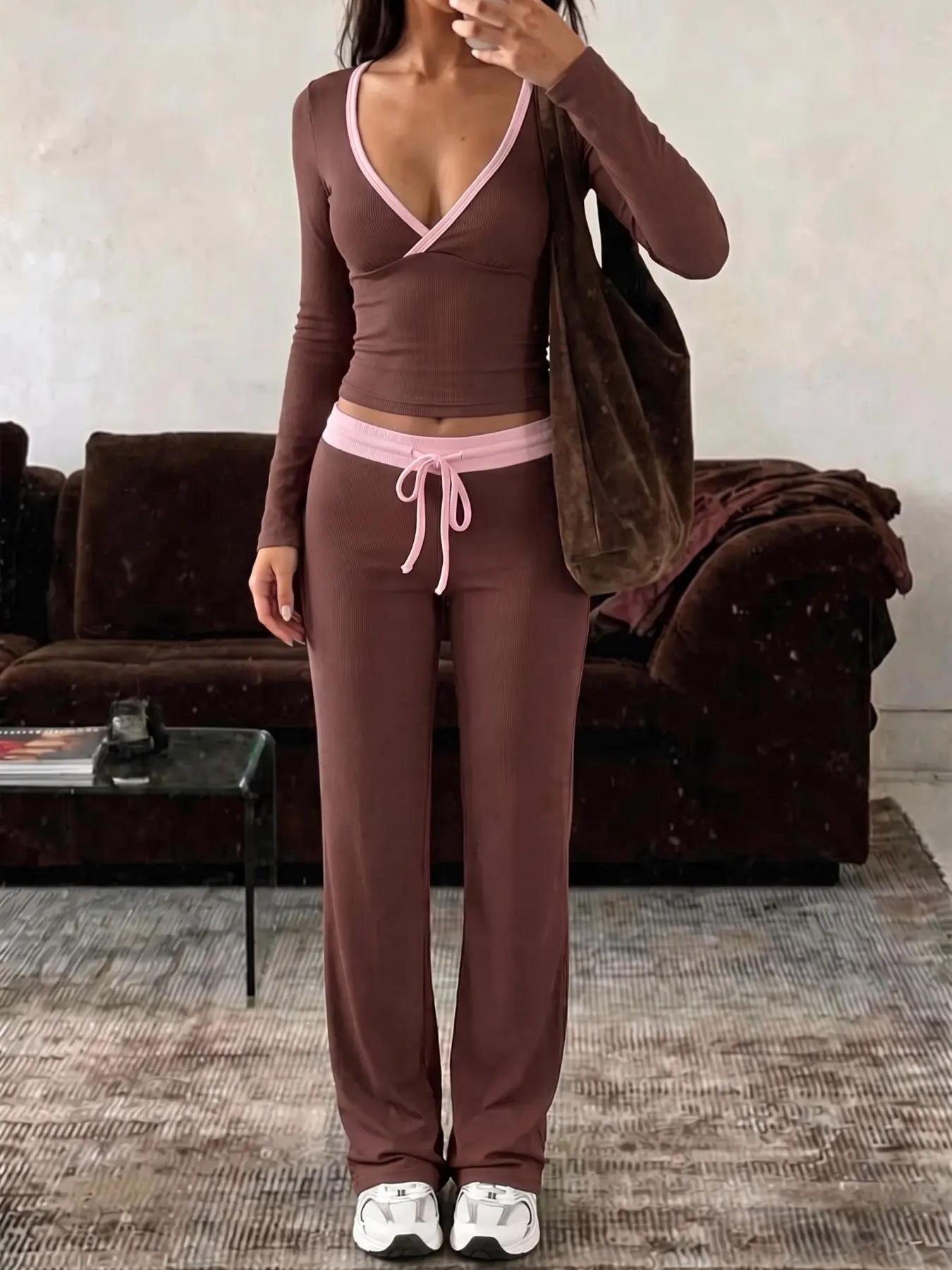 Contrast Pink Trim V Neck Ruched Long Sleeve Crop Top Matching High Waist Drawstring Flare Pants 2 Piece Outfit, Style, Chic For Casual Minimalist Athleisure Aesthetic, Pilates Training, Relaxed Daily Loungewear