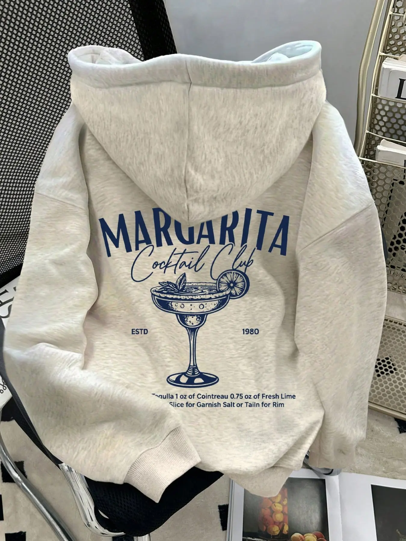 Women's Drop Shoulder Hoodie, Margarita Cocktail Club Letter Print, Casual Drawstring Pocket Sweatshirt, Fall Winter Fashion