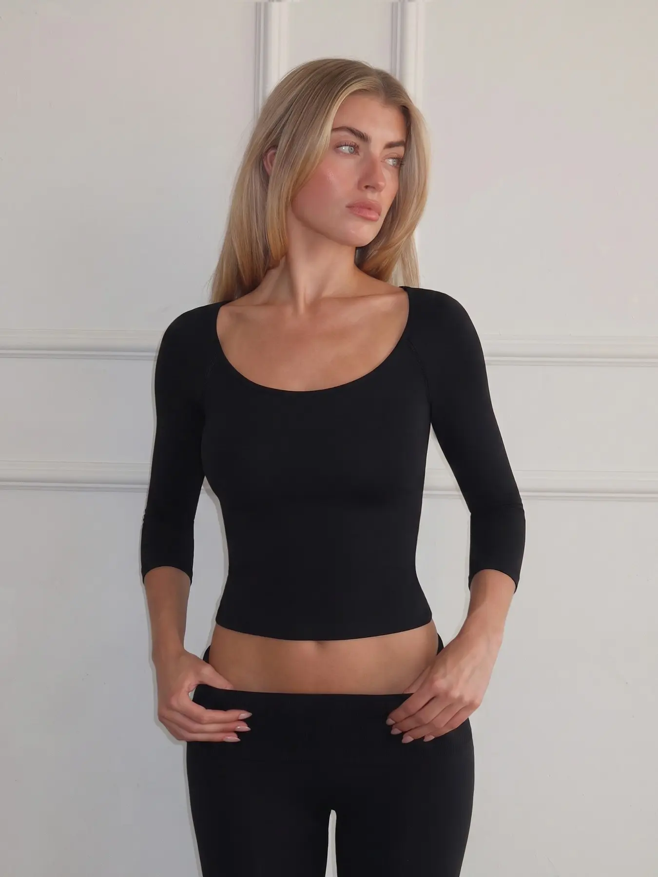 Women Workout 2 Piece Sets Scoop Neck 3/4 Sleeve Top Capri Legging Seamless Yoga Outfits Set for Gym Active Sports Casual Daily wear All Season Ideal Gifts for Women for Thanksgiving and Christmas